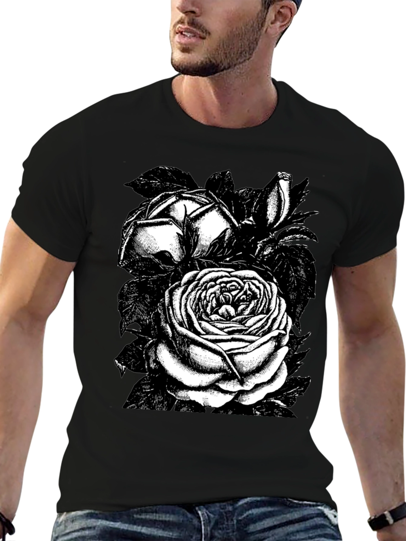 Black Rose Graphic Tee - Stylish Floral Design