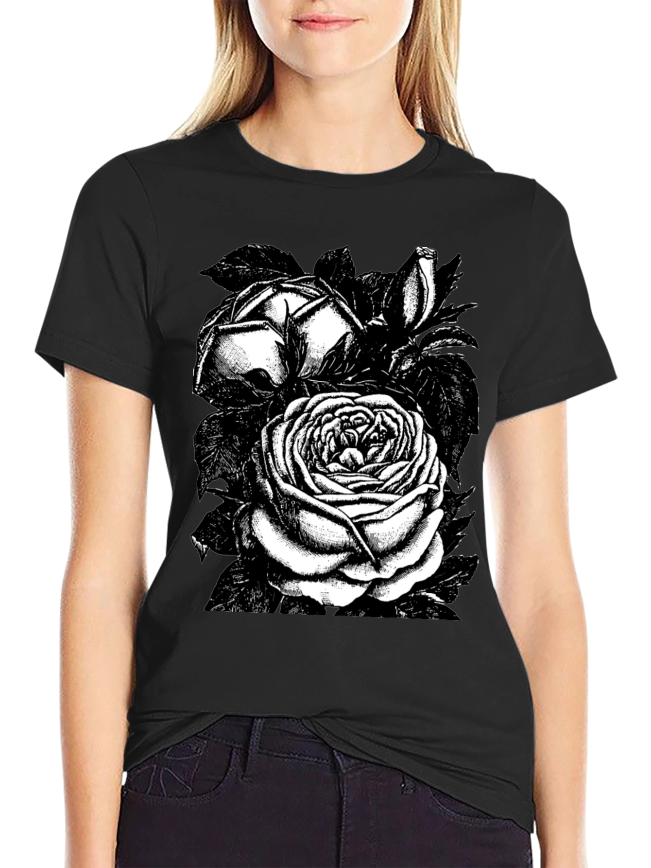 Black Rose Graphic Tee - Stylish Floral Design