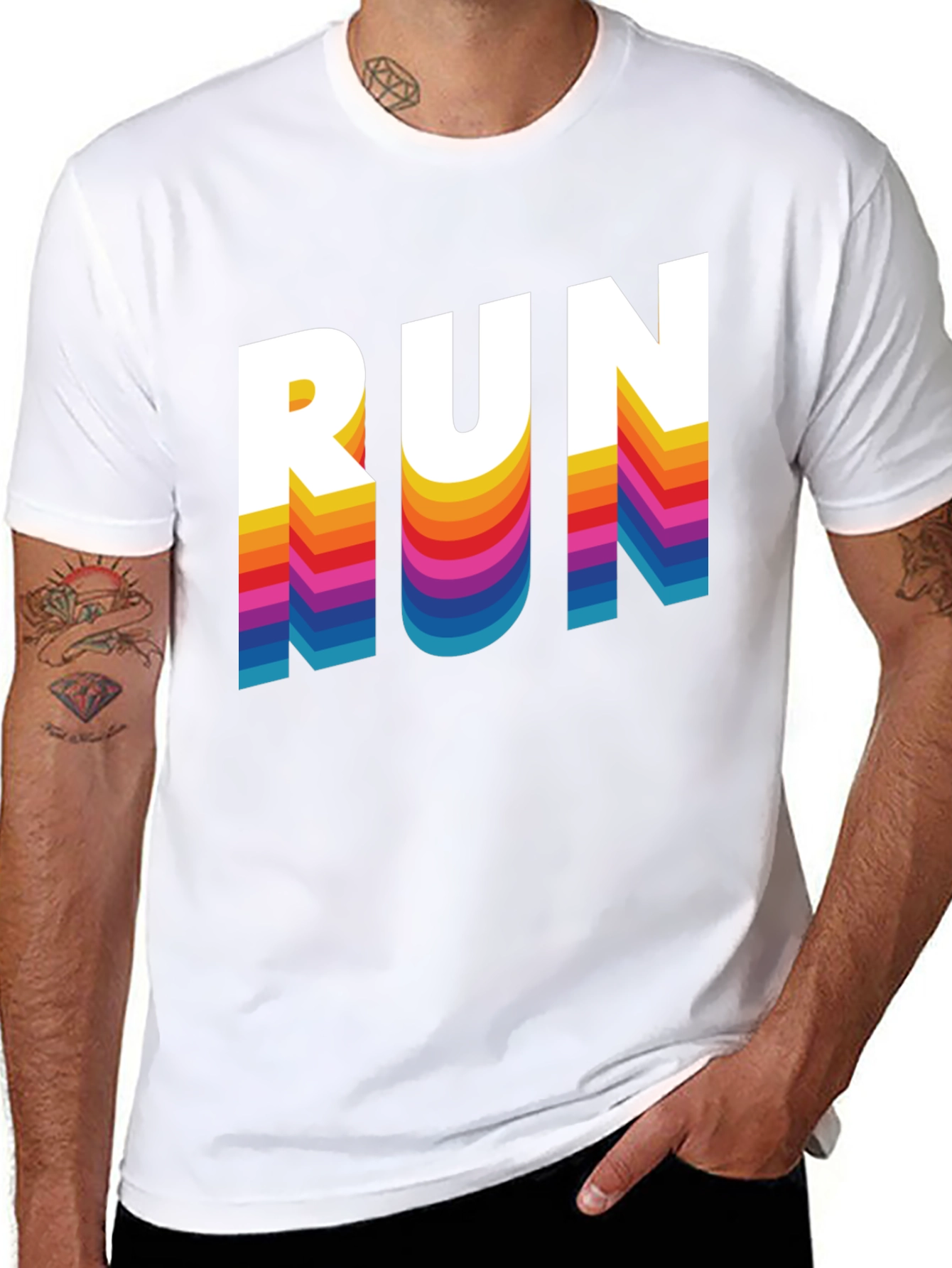 Retro RUN Graphic Tee - Cool Rainbow Text Design
