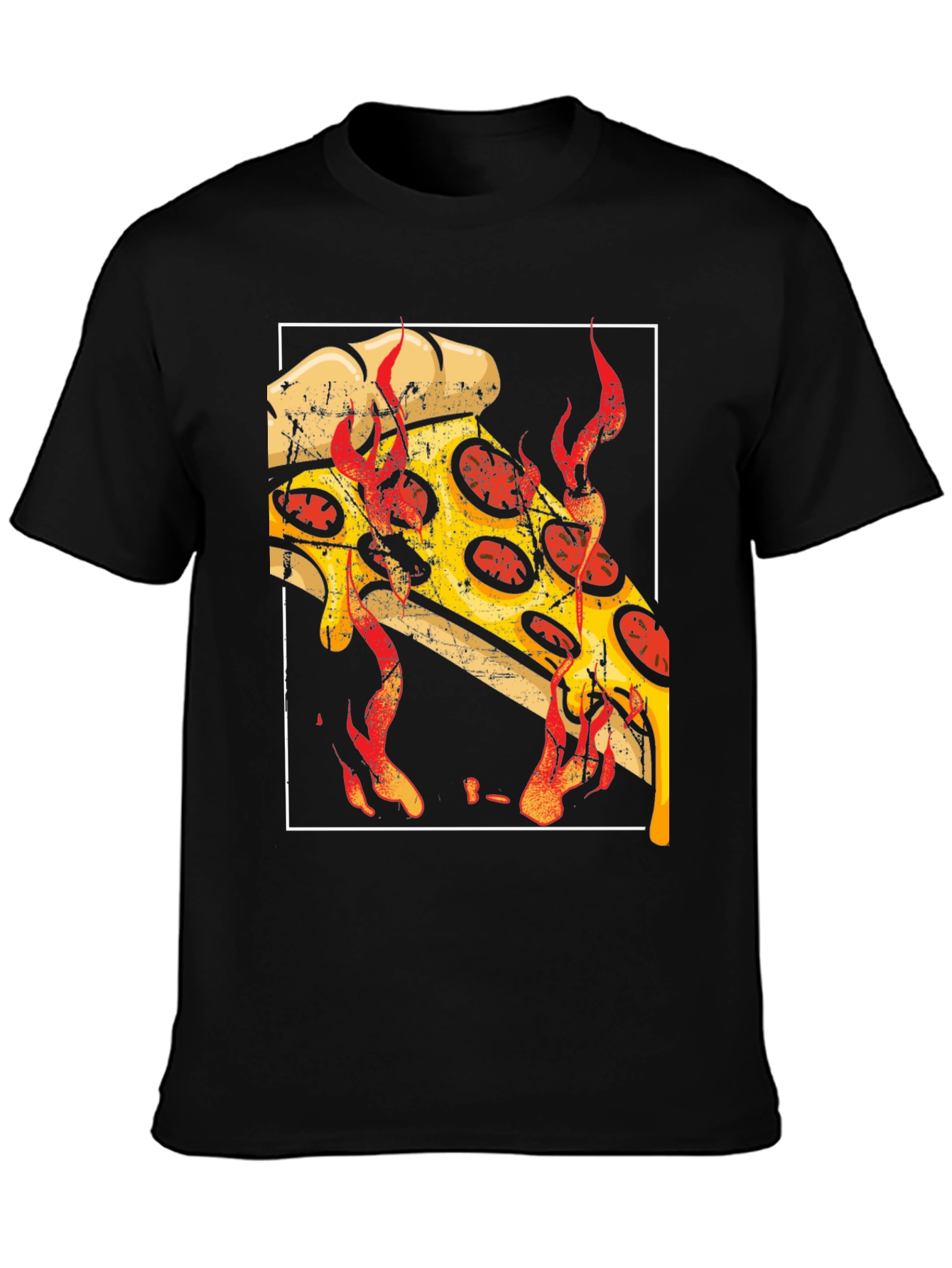 Fiery Pizza Graphic Tee - Black Cotton T-Shirt