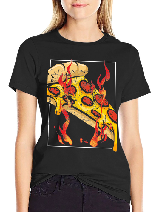 Fiery Pizza Graphic Tee - Black Cotton T-Shirt