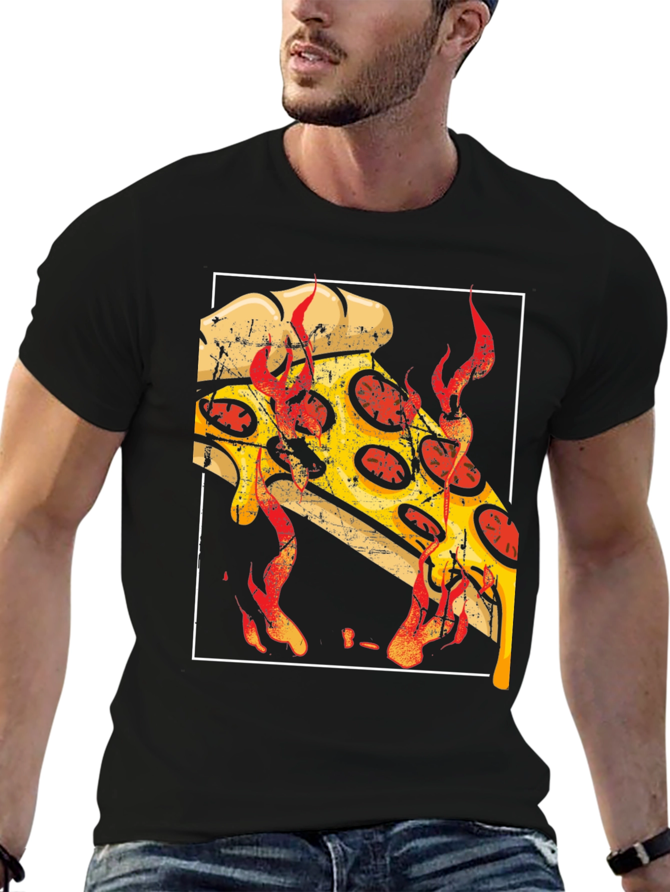 Fiery Pizza Graphic Tee - Black Cotton T-Shirt