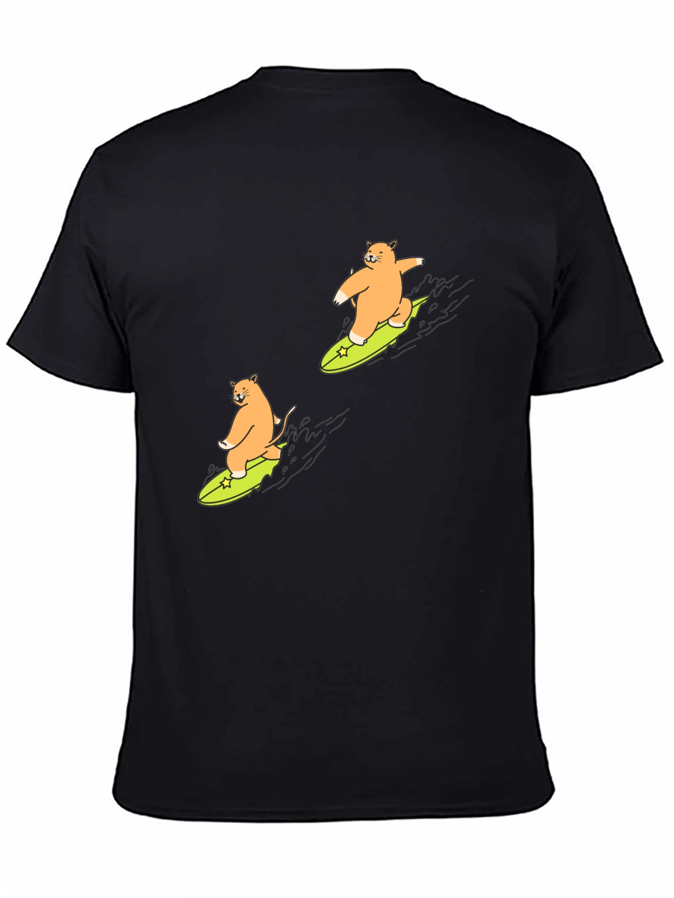 Cat Surfing Graphic T-Shirt - Black