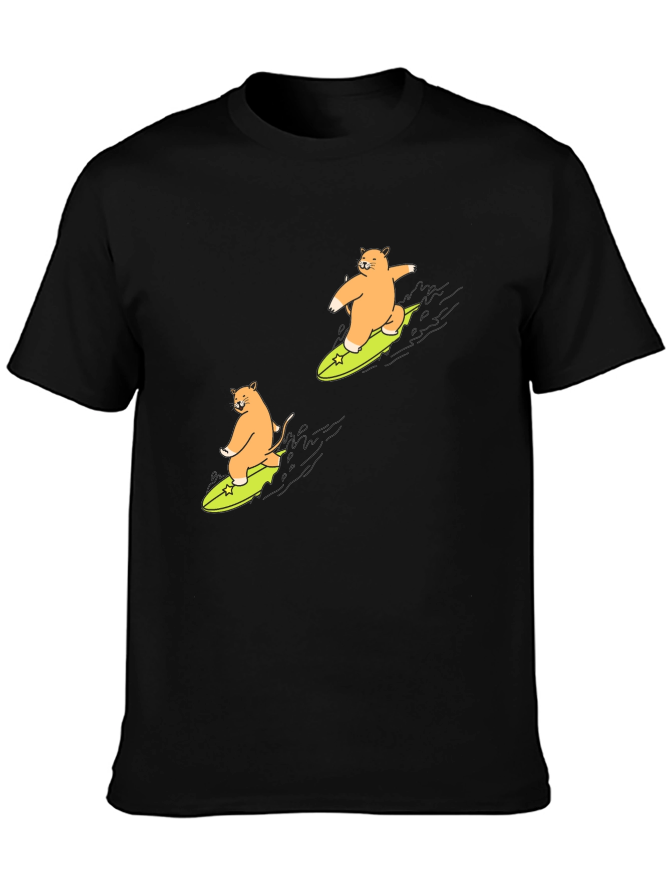Cat Surfing Graphic T-Shirt - Black