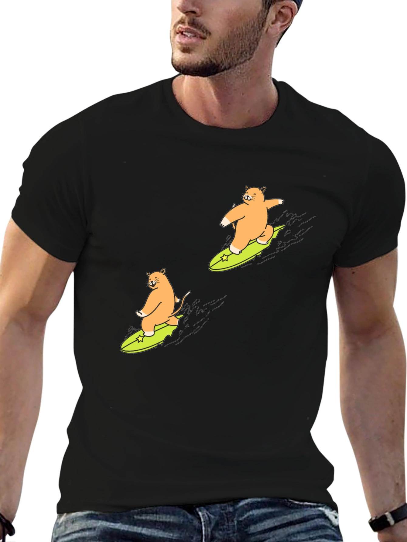 Cat Surfing Graphic T-Shirt - Black