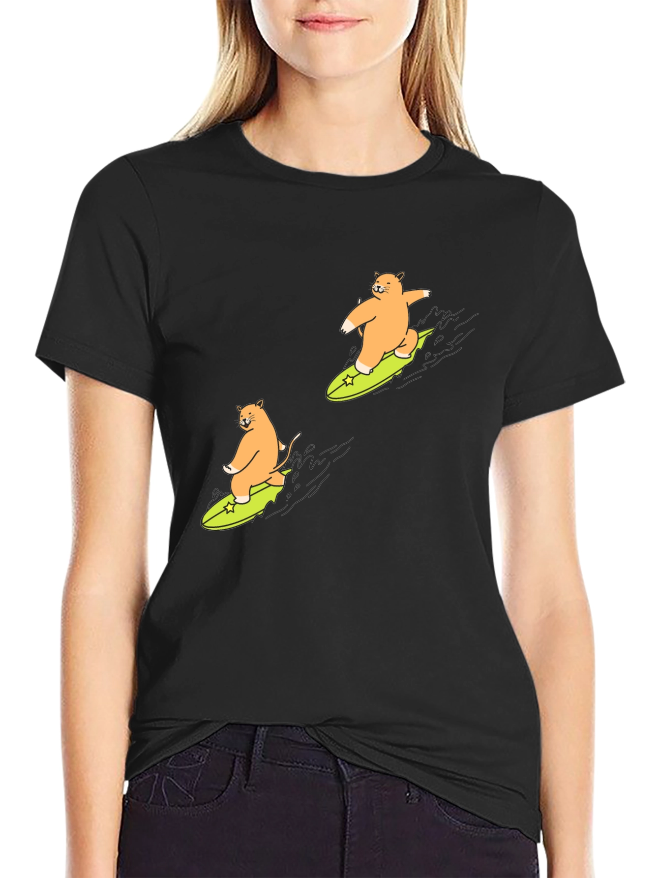 Cat Surfing Graphic T-Shirt - Black