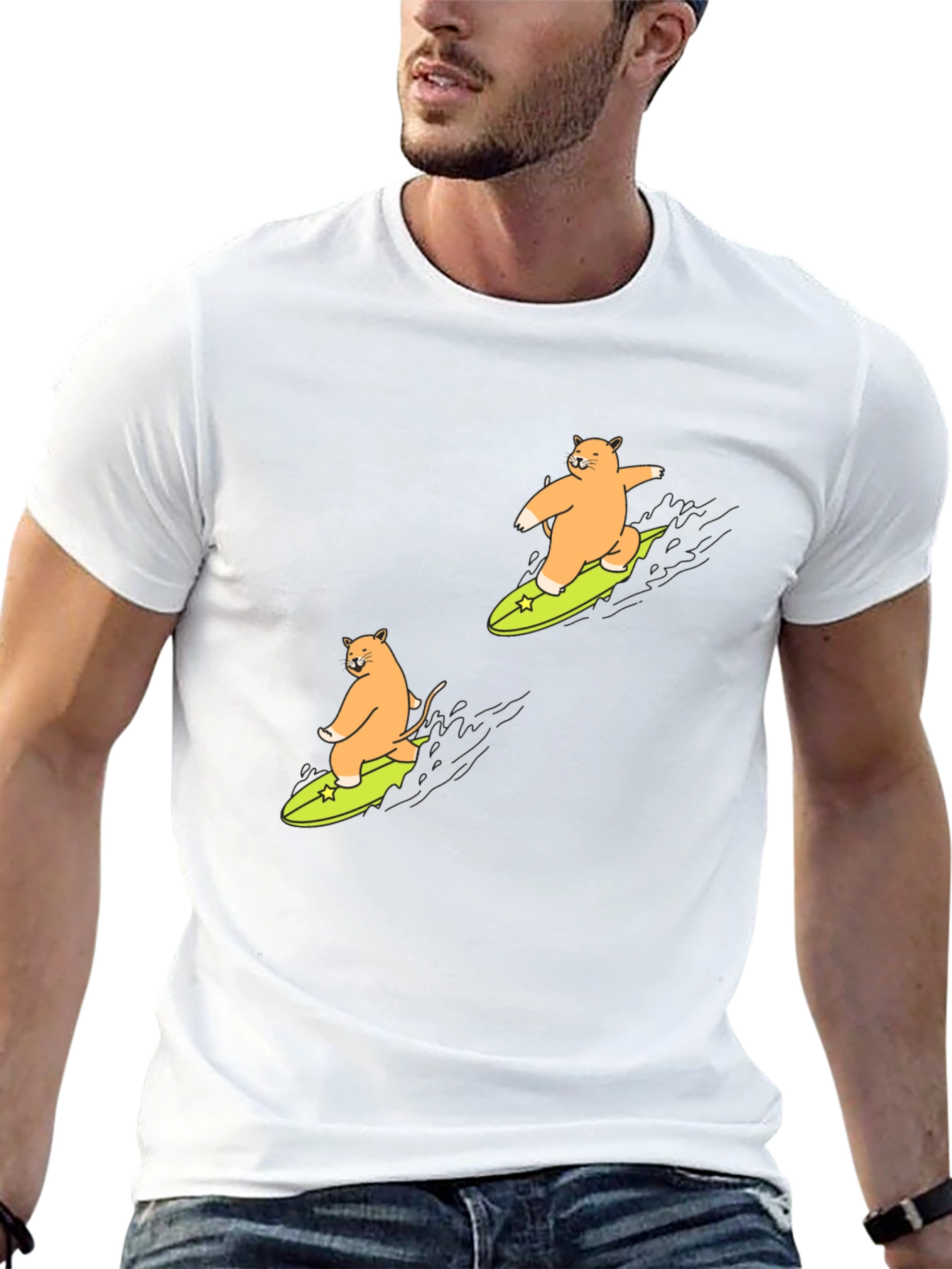 Cat Surfing Graphic T-Shirt - Black