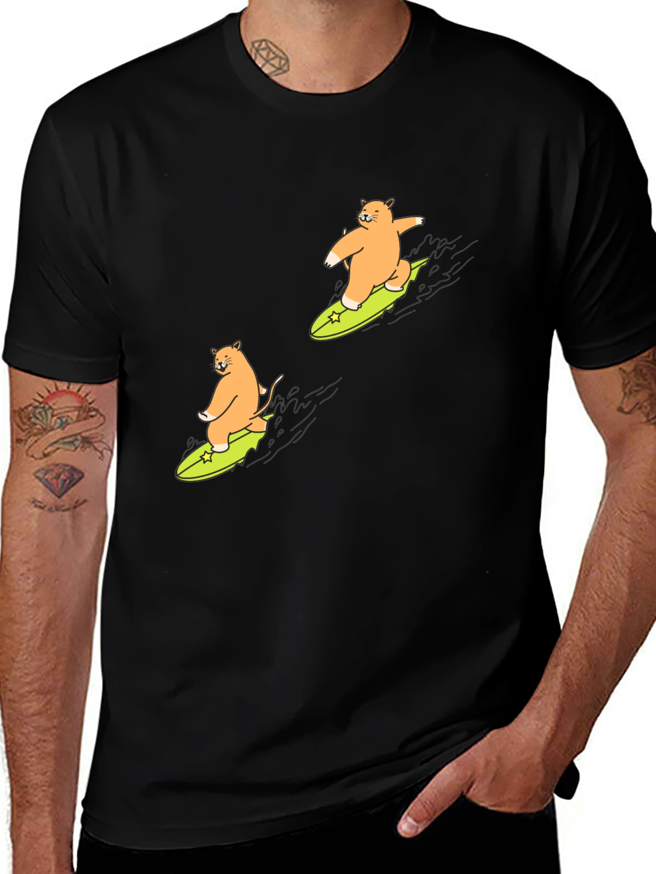 Cat Surfing Graphic T-Shirt - Black