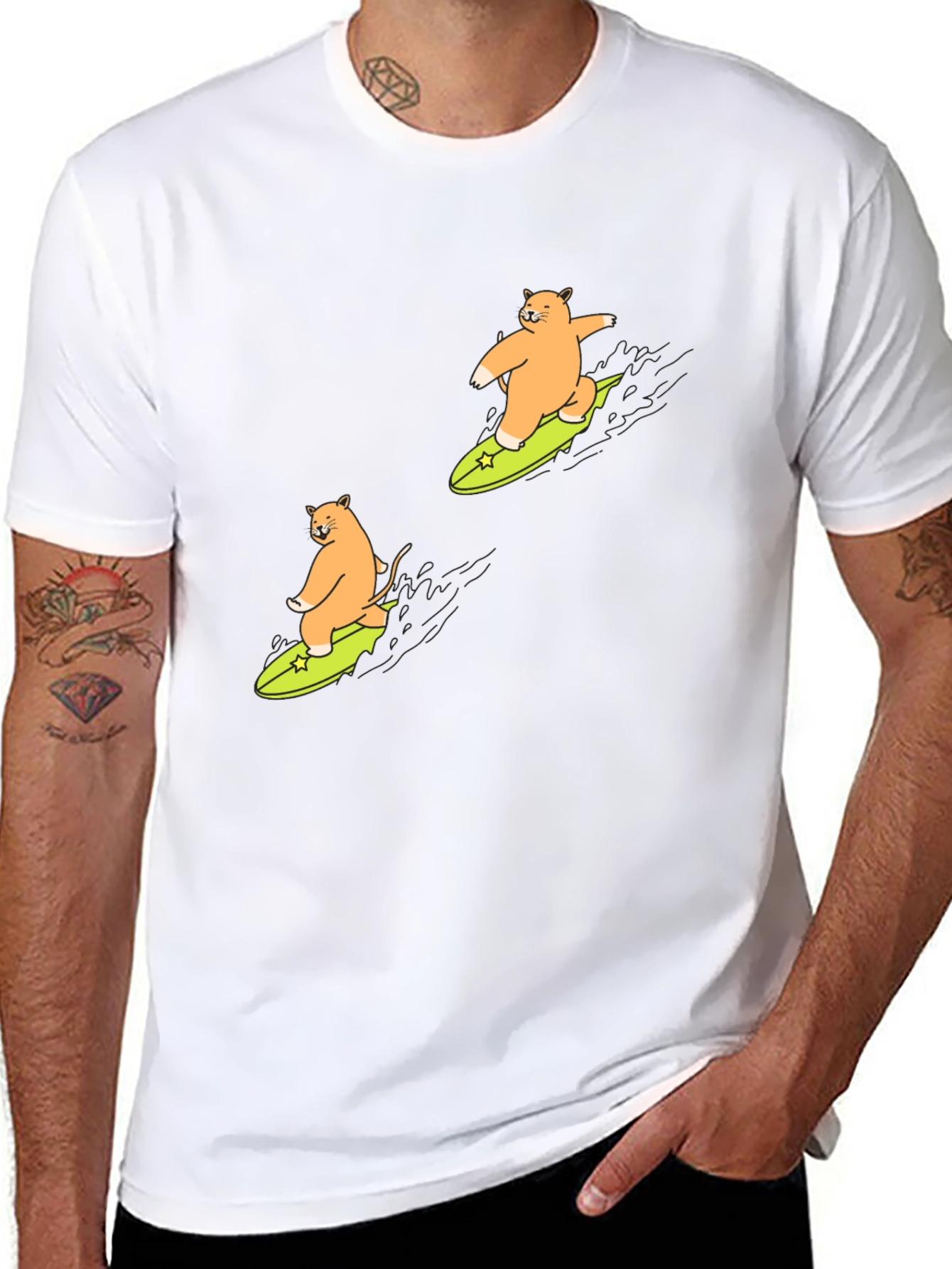 Cat Surfing Graphic T-Shirt - Black