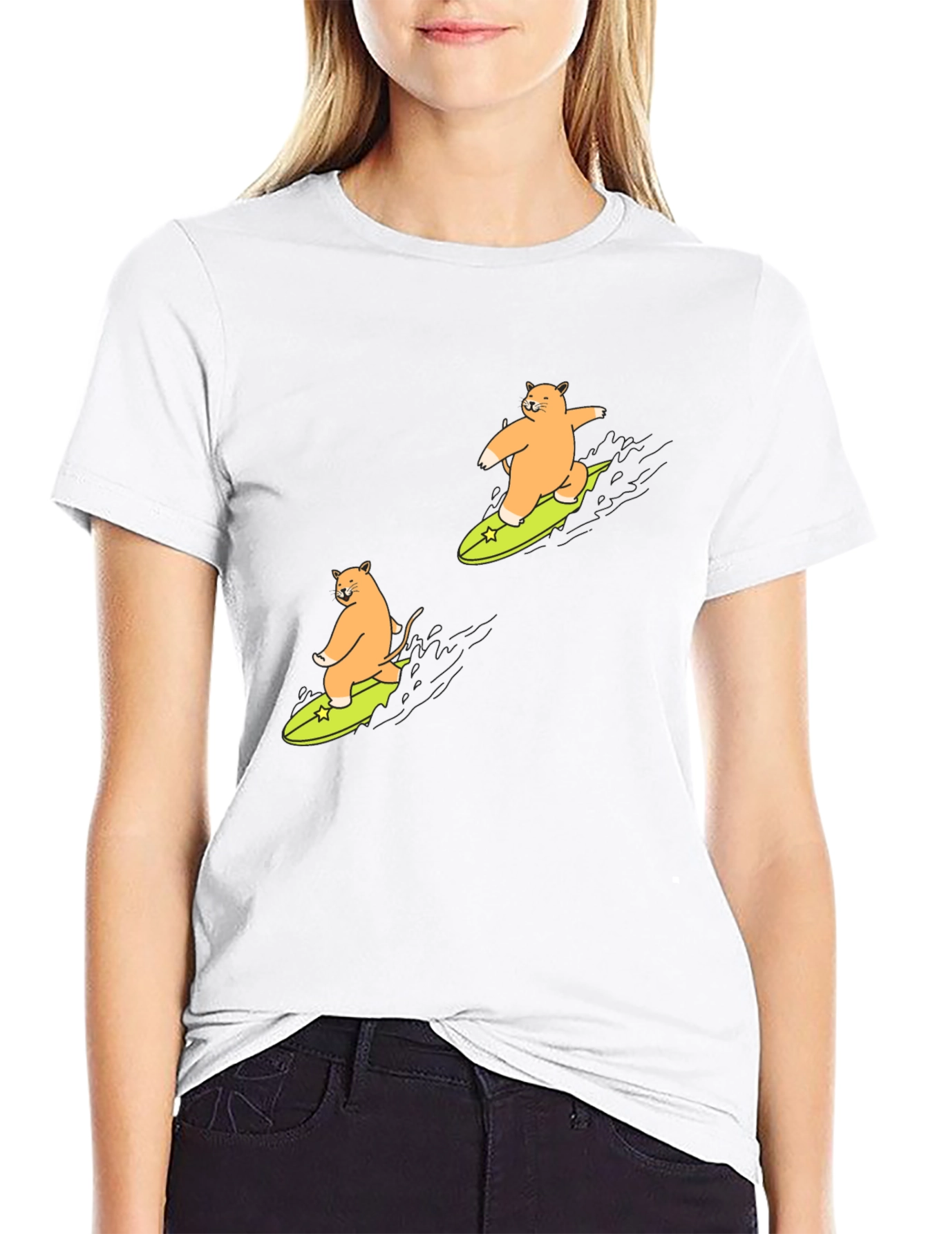 Cat Surfing Graphic T-Shirt - Black