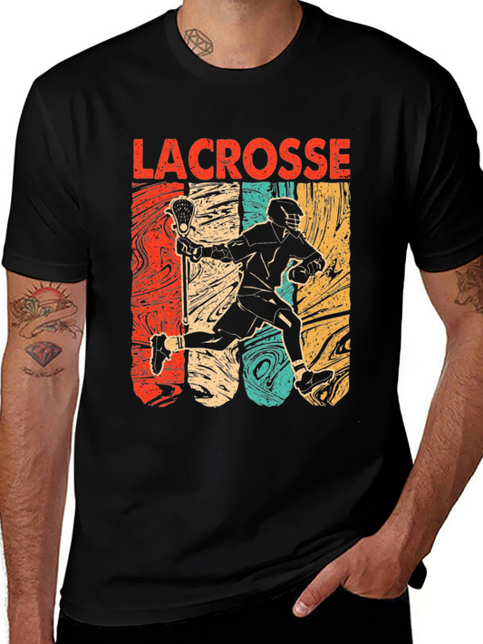Lacrosse Player Graphic Tee - Retro Design Black T-Shirt