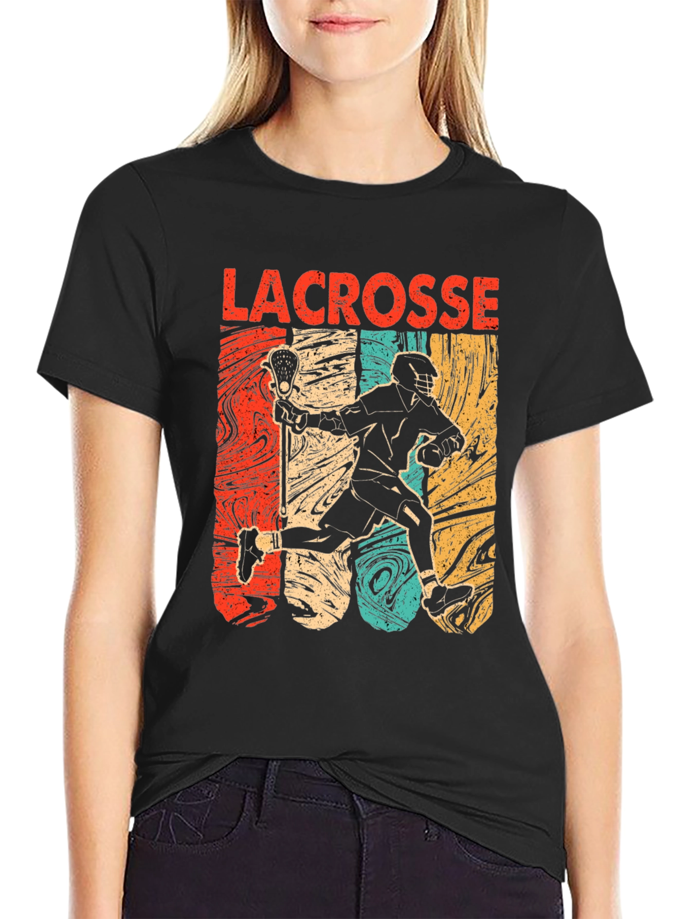 Lacrosse Player Graphic Tee - Retro Design Black T-Shirt
