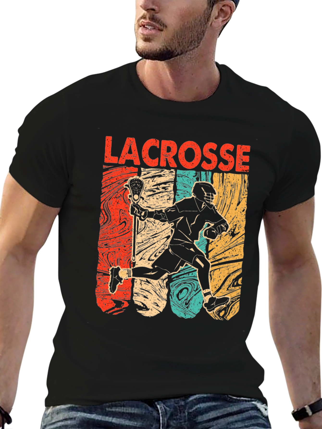 Lacrosse Player Graphic Tee - Retro Design Black T-Shirt