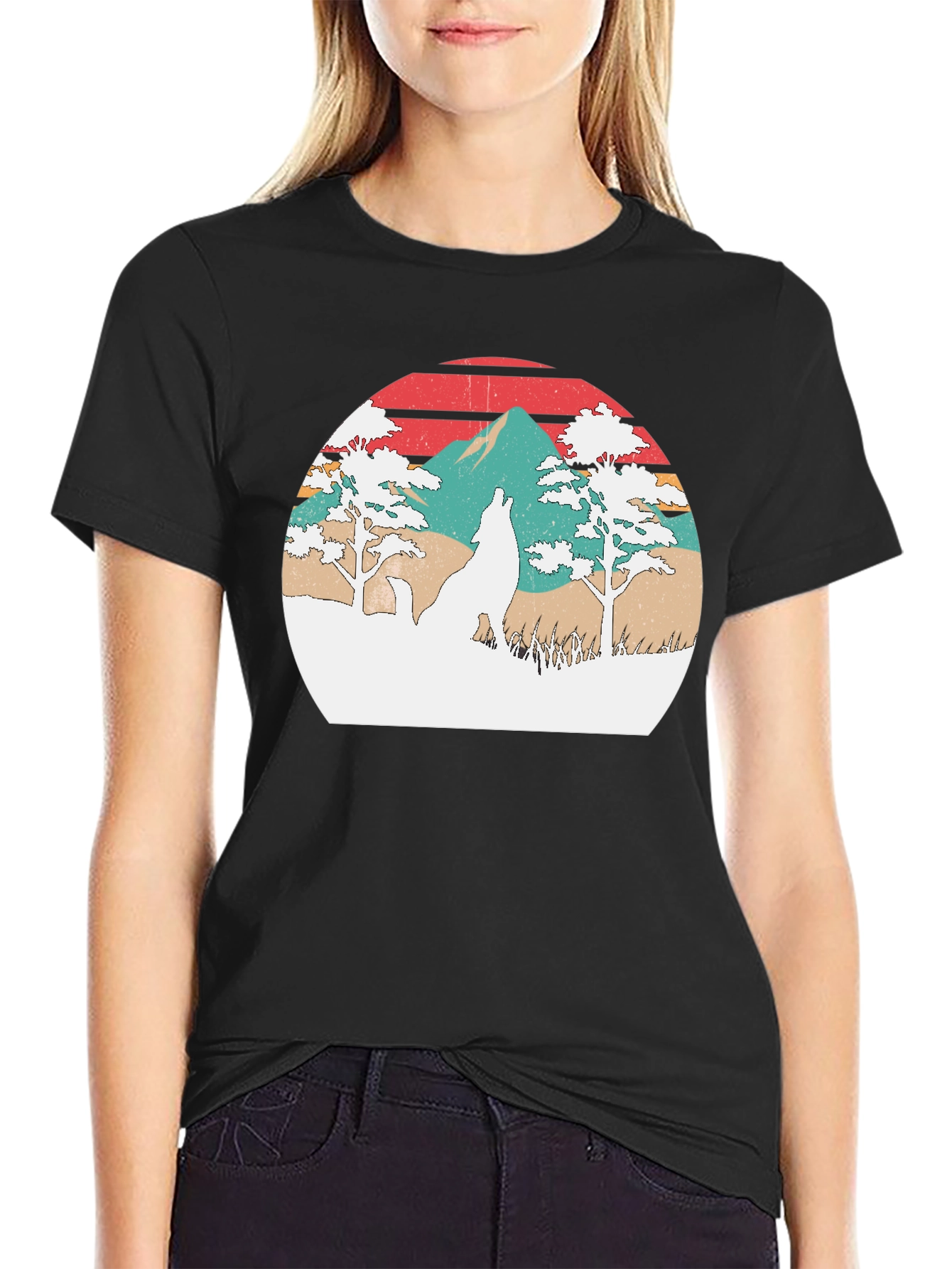 Retro Wolf Sunset Graphic T-Shirt