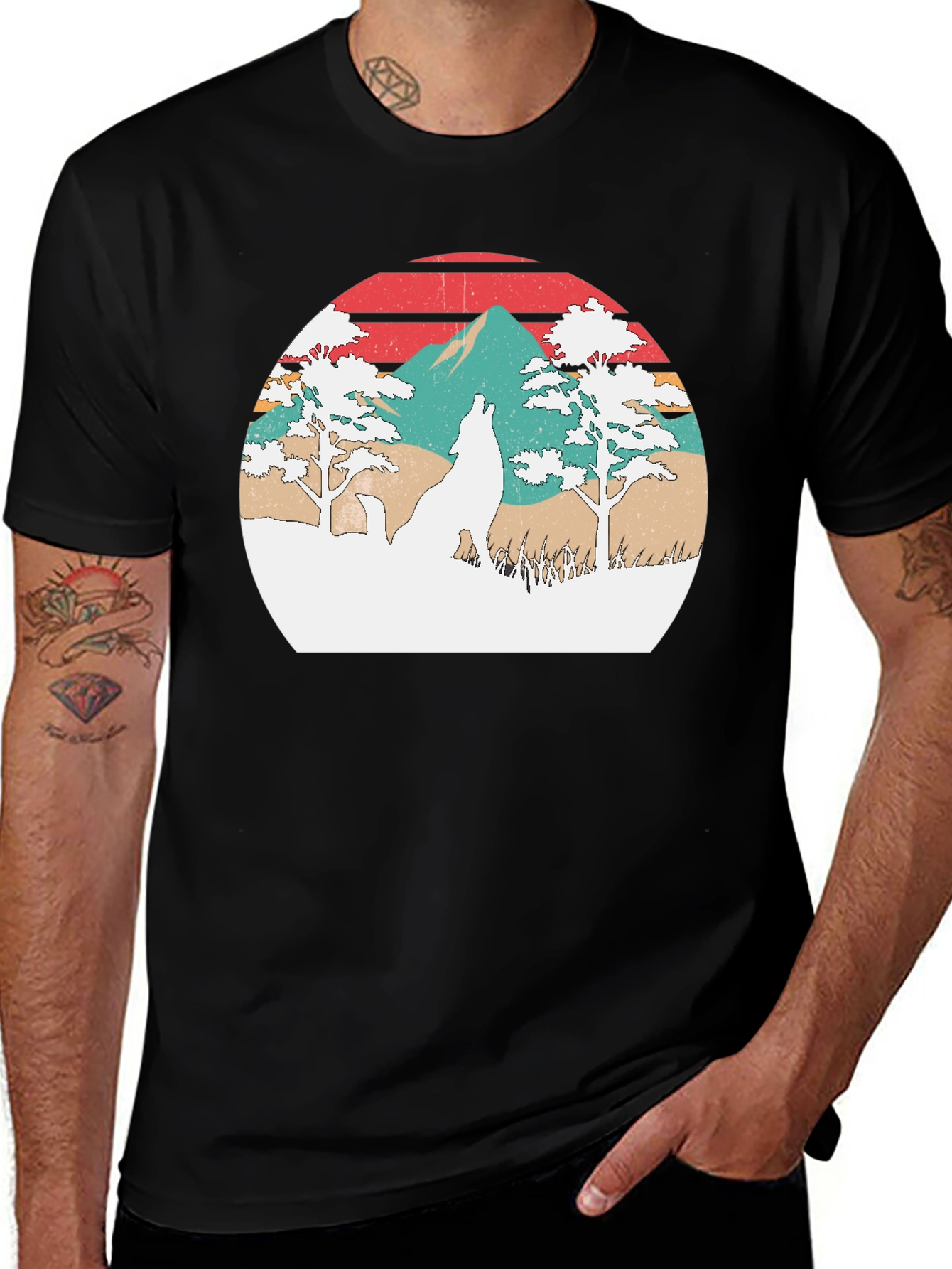 Retro Wolf Sunset Graphic T-Shirt