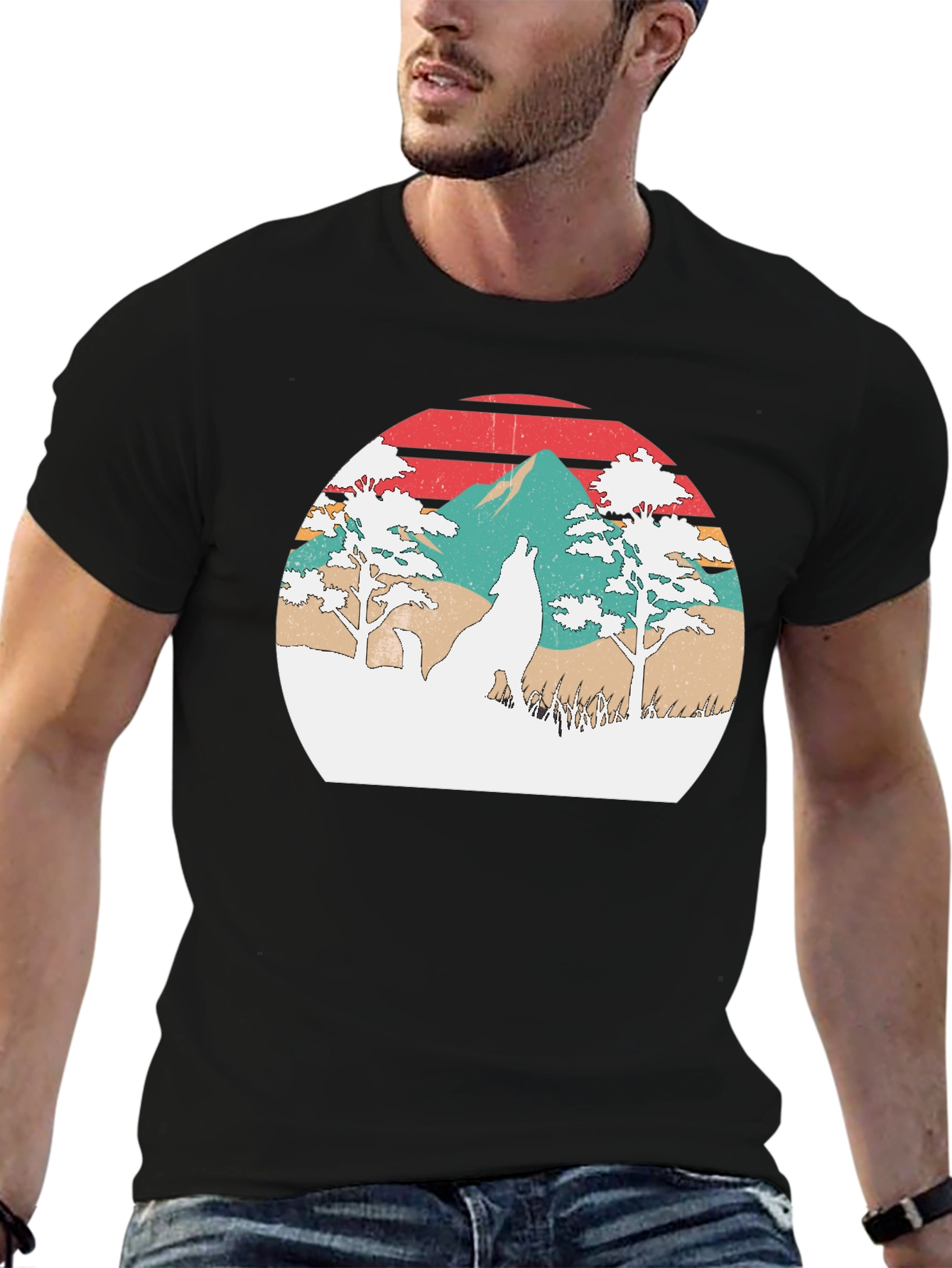 Retro Wolf Sunset Graphic T-Shirt