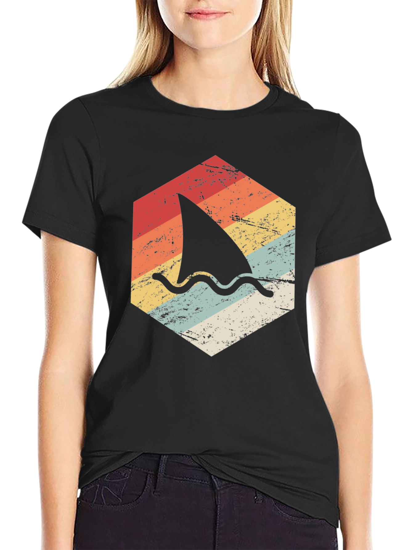 Retro Shark Fin Graphic T-Shirt - Black
