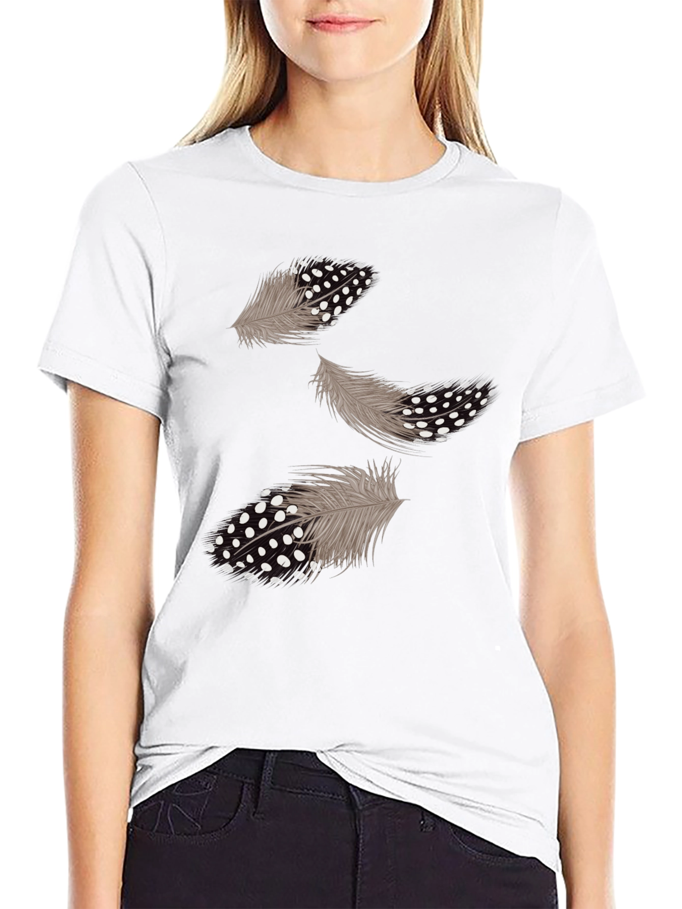 Feather Print Black Casual T-Shirt
