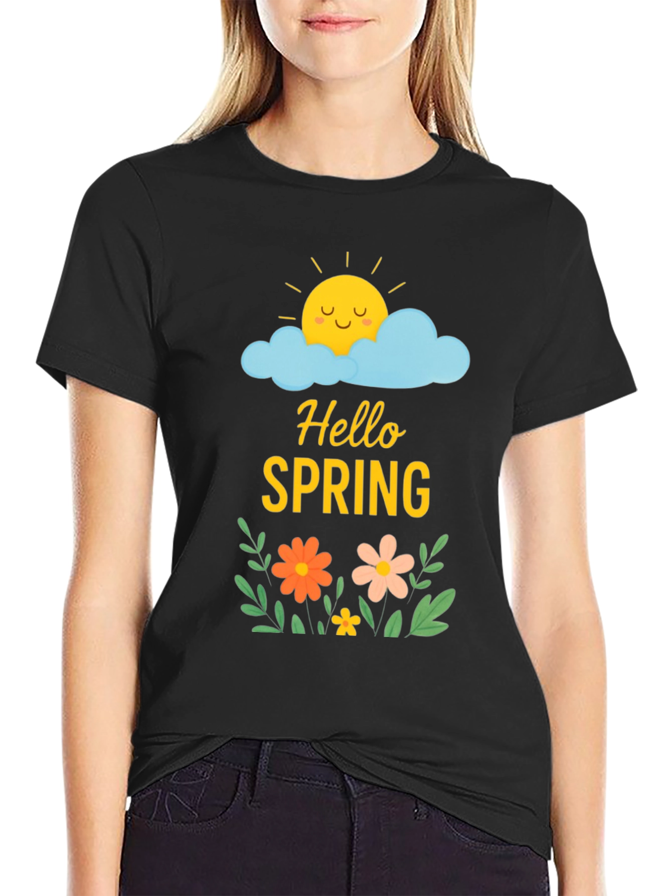 Hello Spring Graphic Tee - Black Cotton T-Shirt