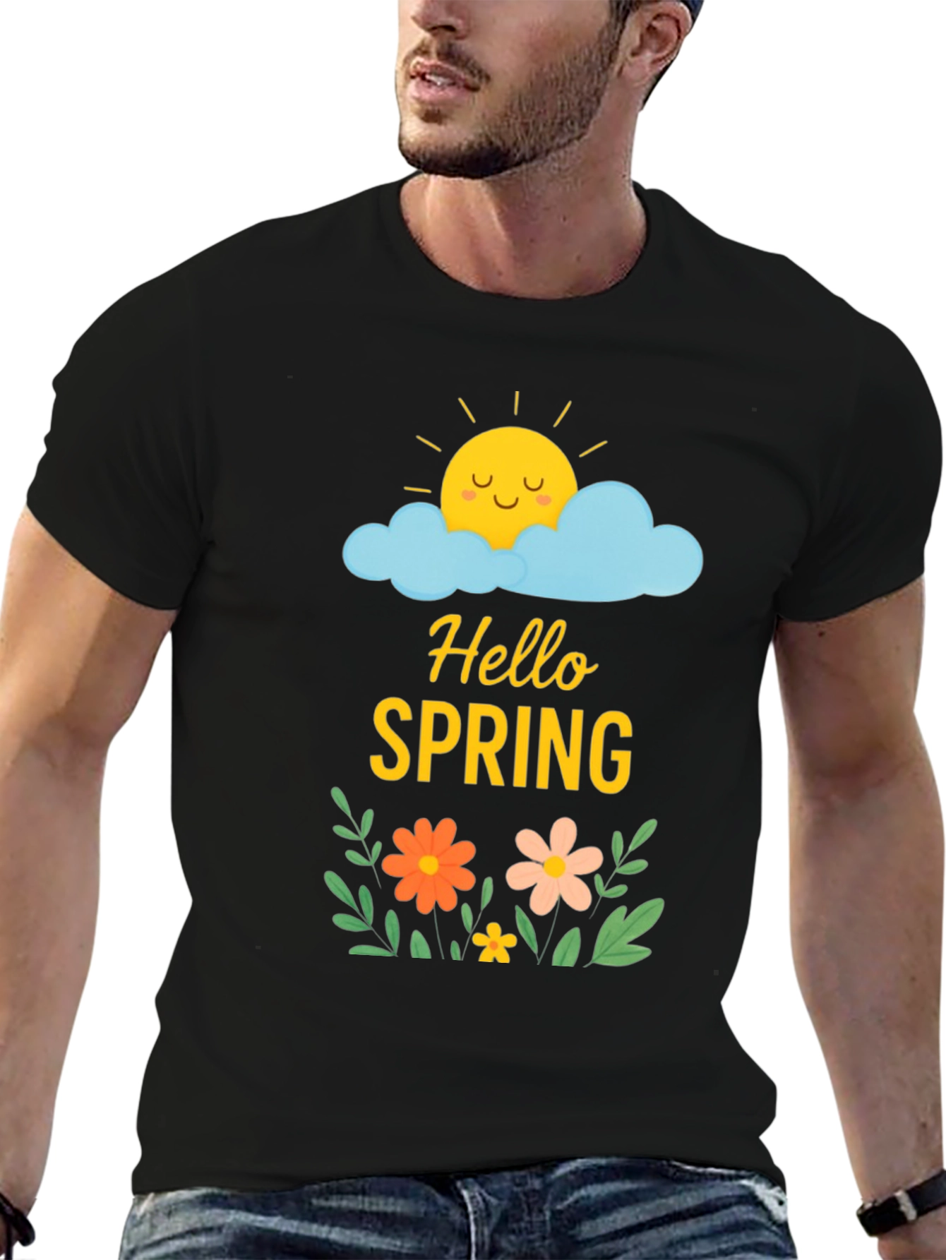 Hello Spring Graphic Tee - Black Cotton T-Shirt