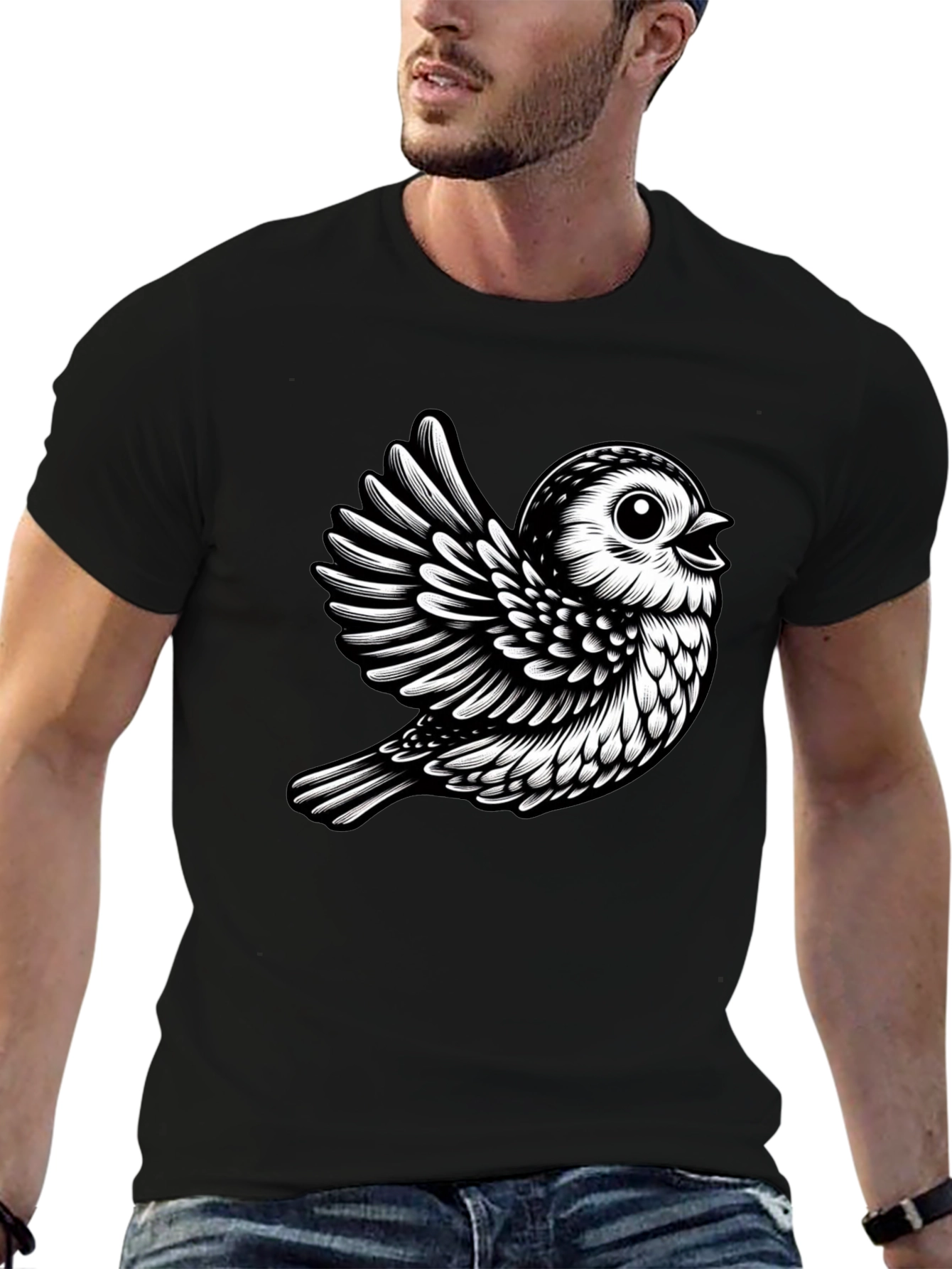 Black T-Shirt with Cute Bird Design