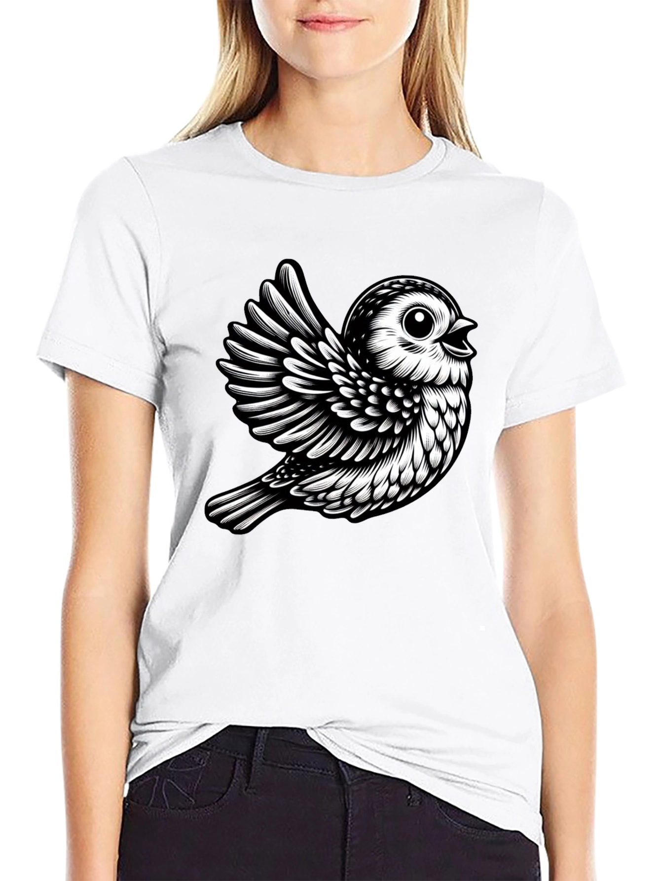 Black T-Shirt with Cute Bird Design