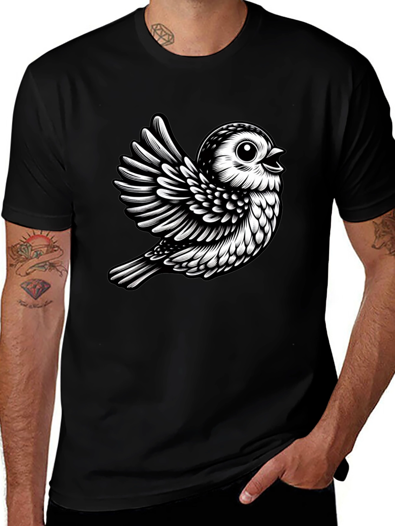Black T-Shirt with Cute Bird Design