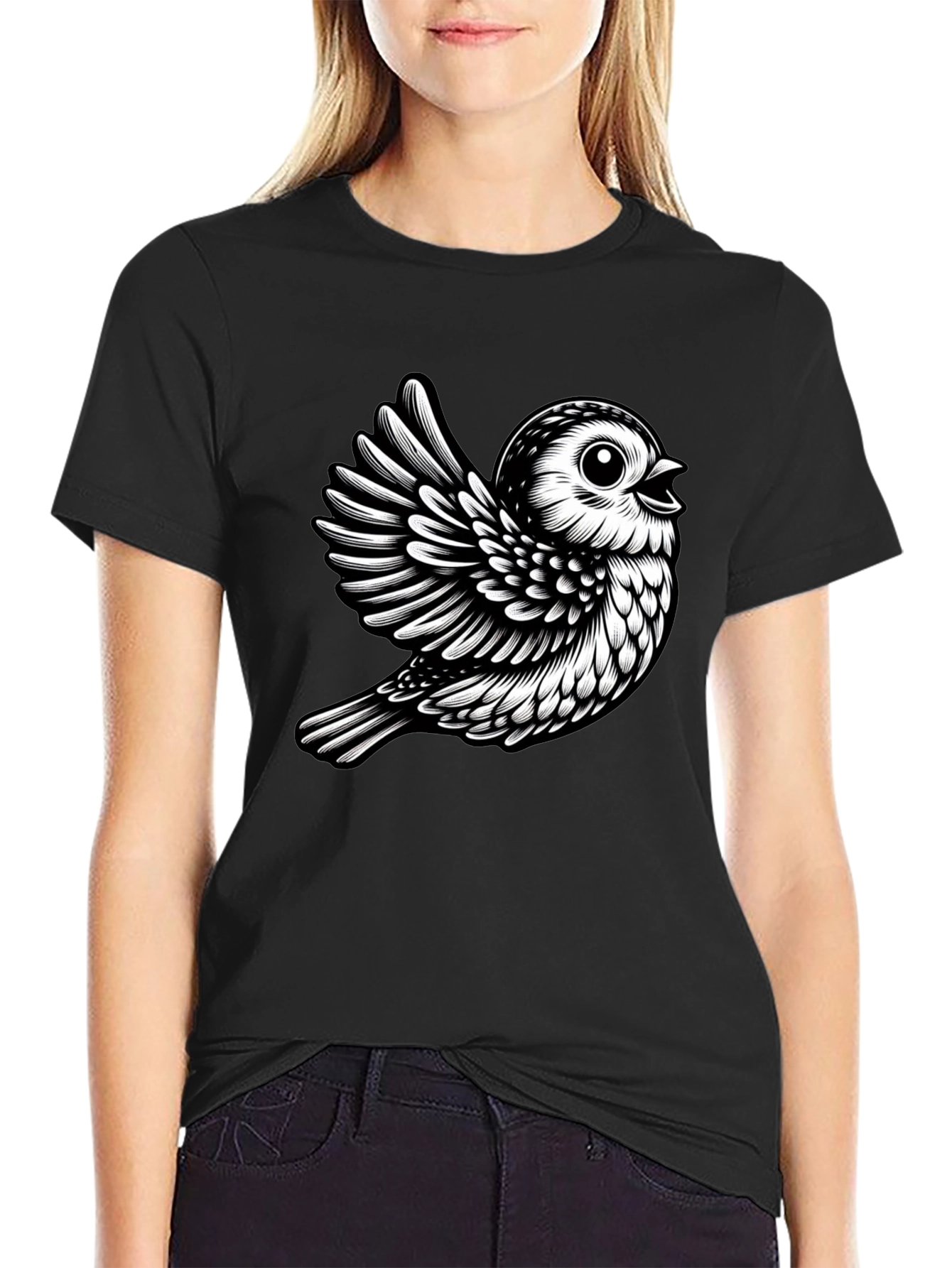 Black T-Shirt with Cute Bird Design