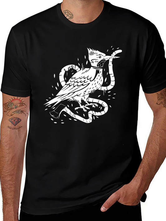 Bird and Snake Graphic Tee - Black Cotton Shirt