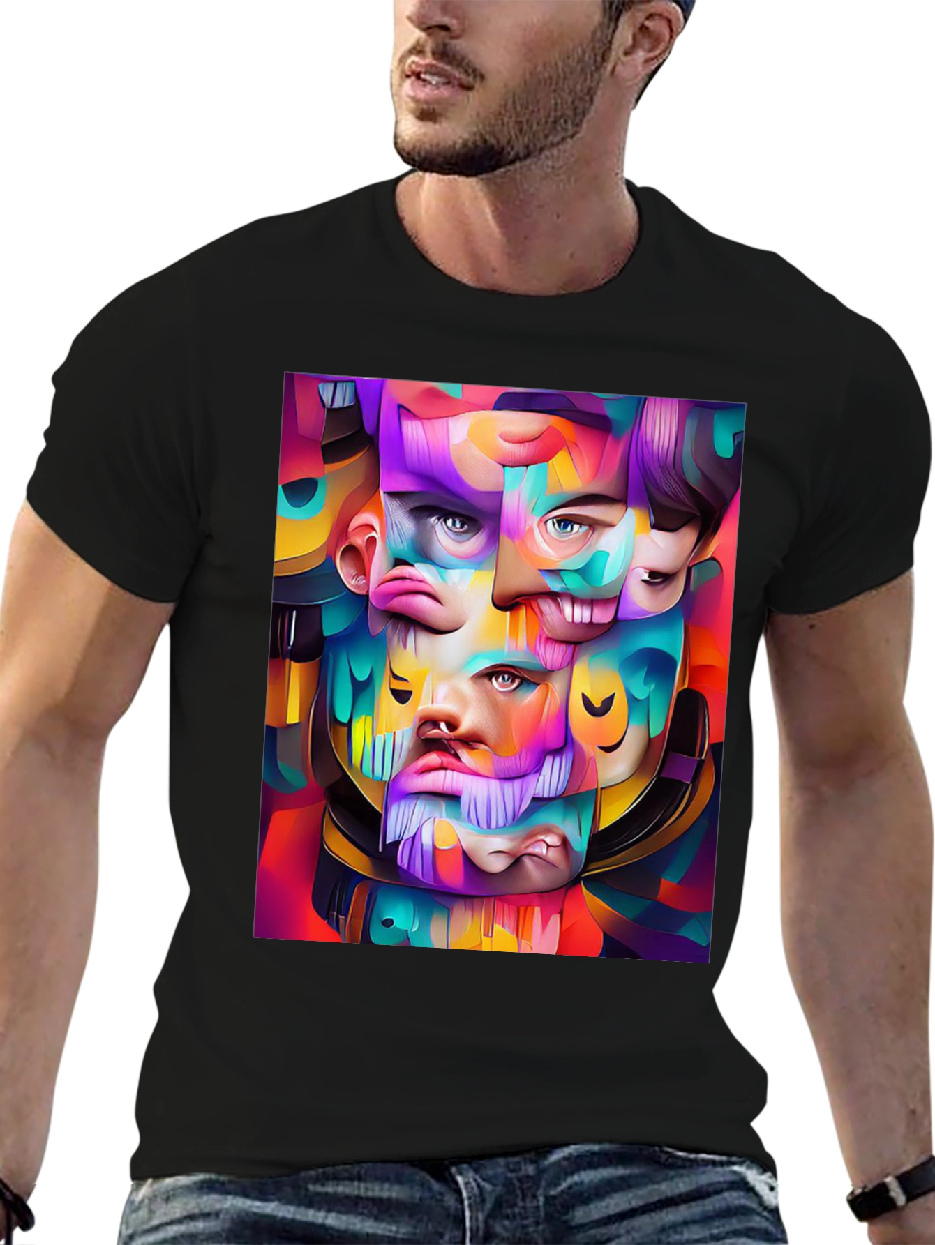 Abstract Face Art Graphic Print Black T-Shirt