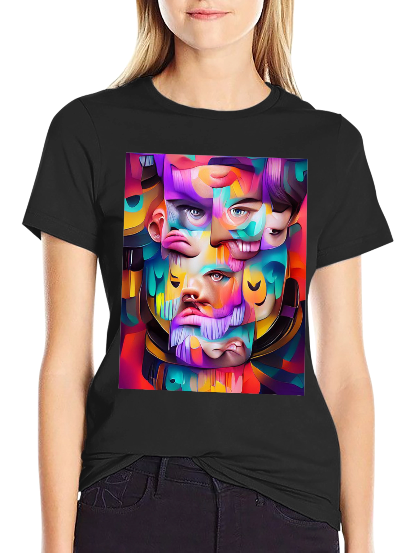 Abstract Face Art Graphic Print Black T-Shirt