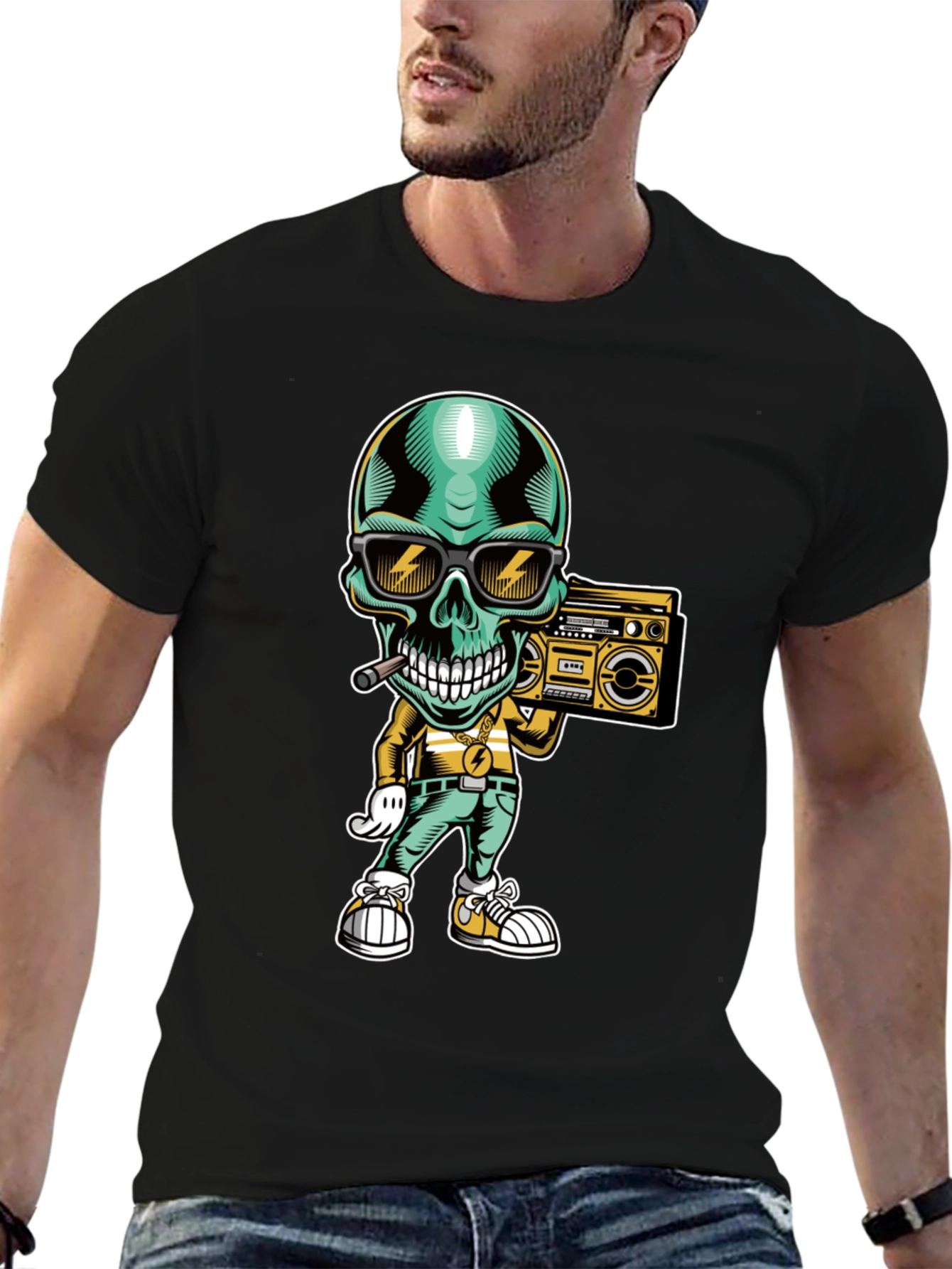 Cool Skull Boombox Graphic T-Shirt