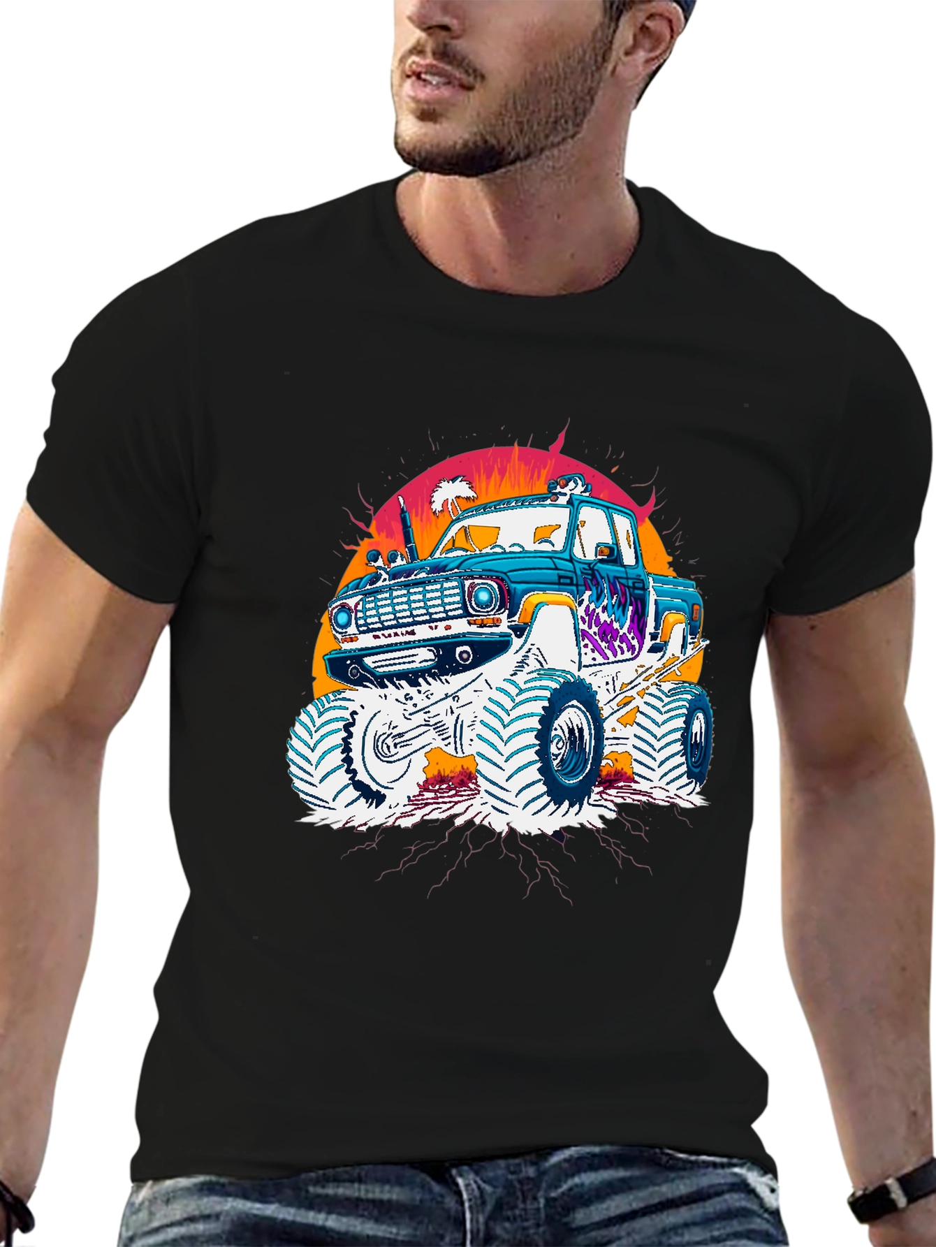 Monster Truck Graphic Tee - Retro Sunset Design