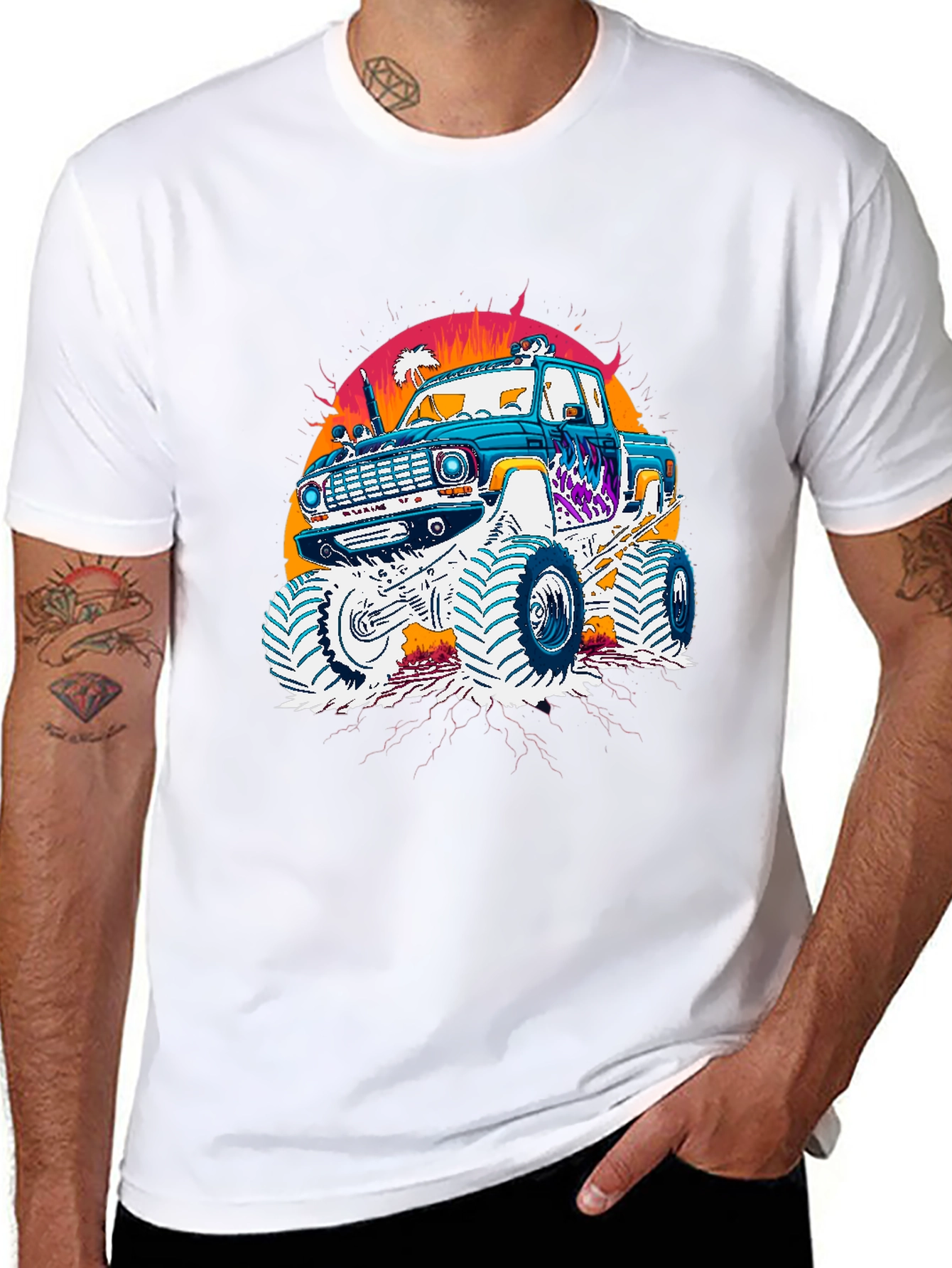 Monster Truck Graphic Tee - Retro Sunset Design