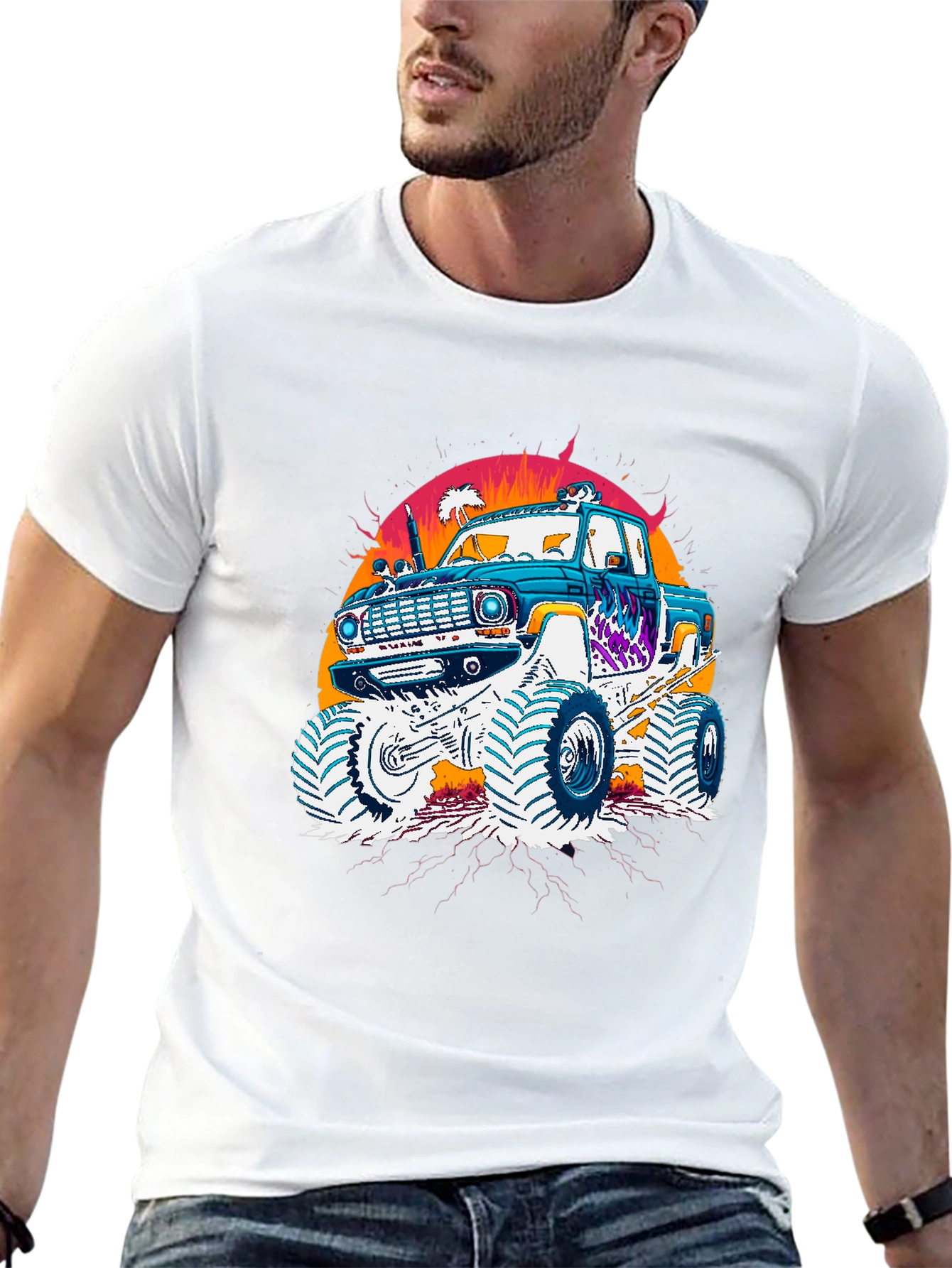 Monster Truck Graphic Tee - Retro Sunset Design