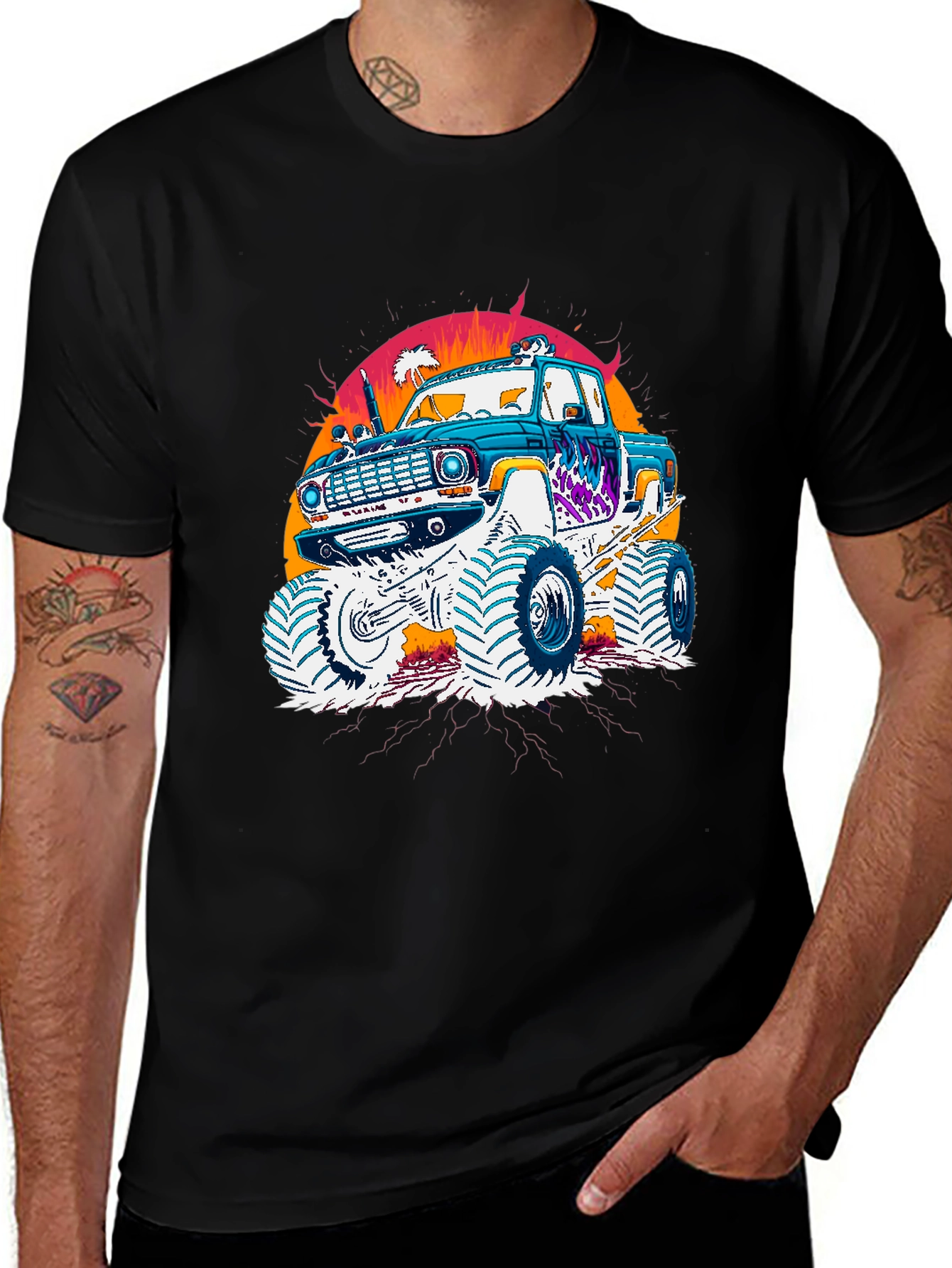 Monster Truck Graphic Tee - Retro Sunset Design