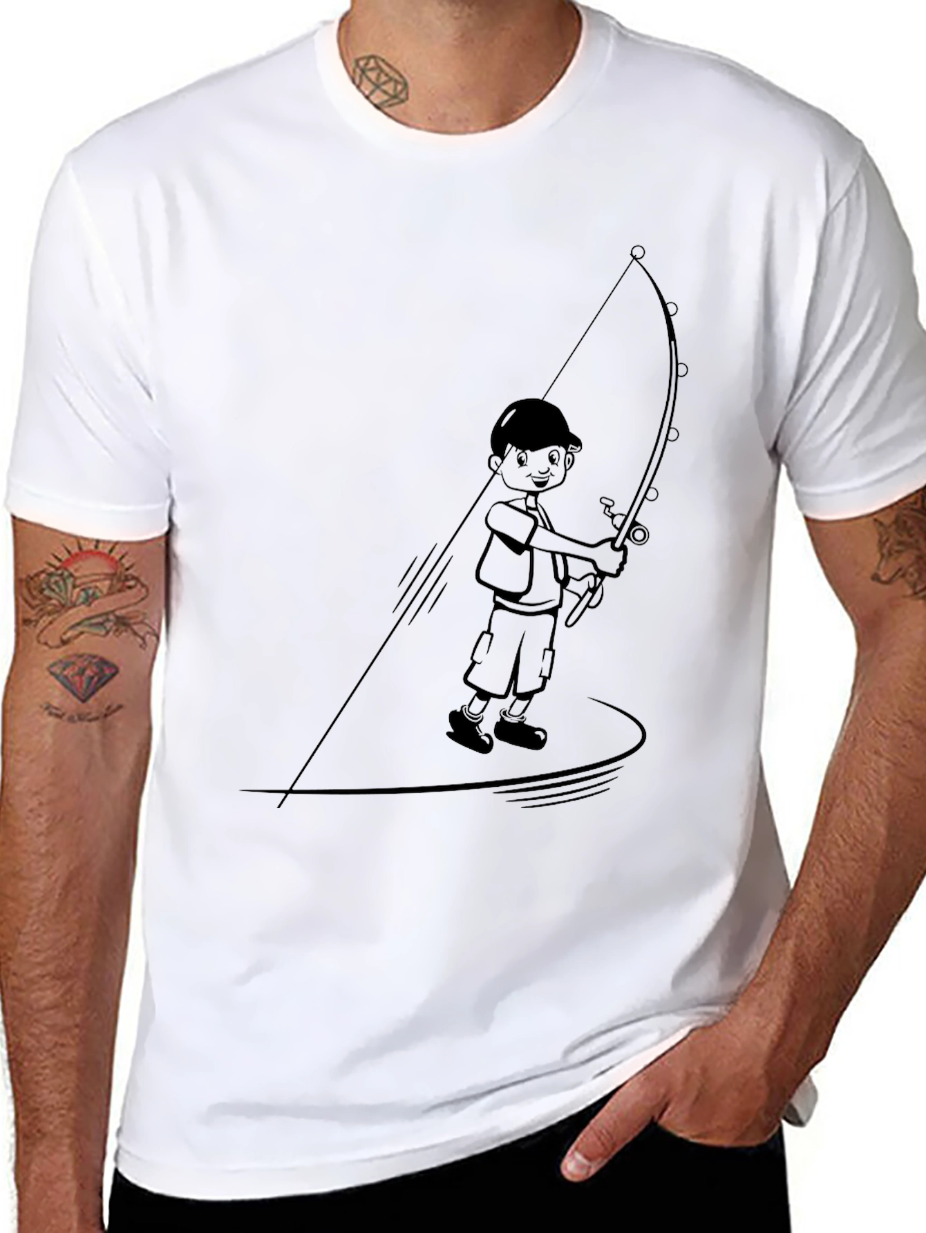 Boy Fishing Graphic Tee - Black Cotton Blend