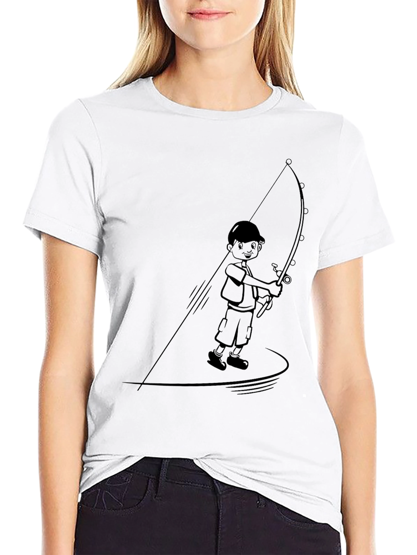 Boy Fishing Graphic Tee - Black Cotton Blend