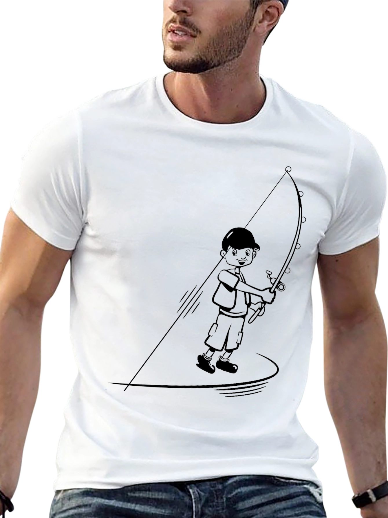 Boy Fishing Graphic Tee - Black Cotton Blend