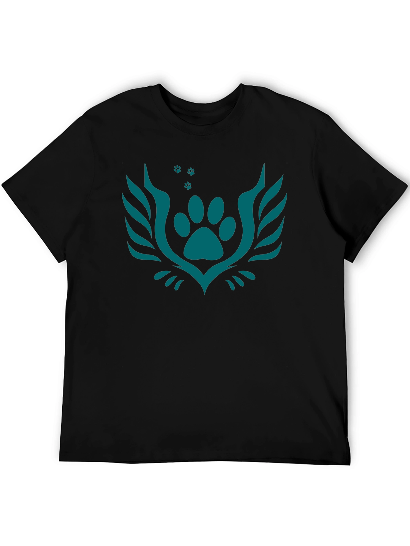 Black Tee with Teal Paw Print Crest Design