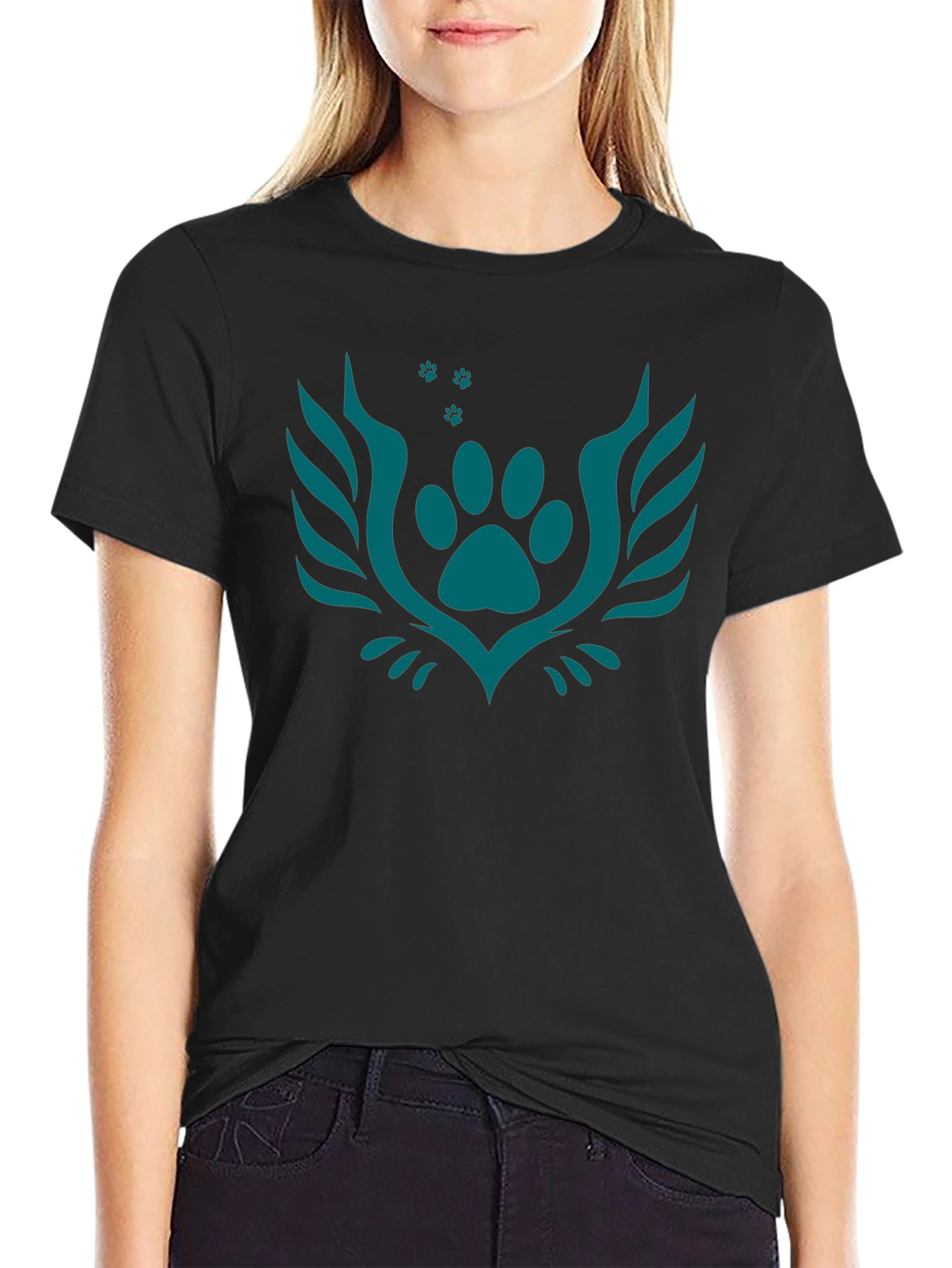Black Tee with Teal Paw Print Crest Design