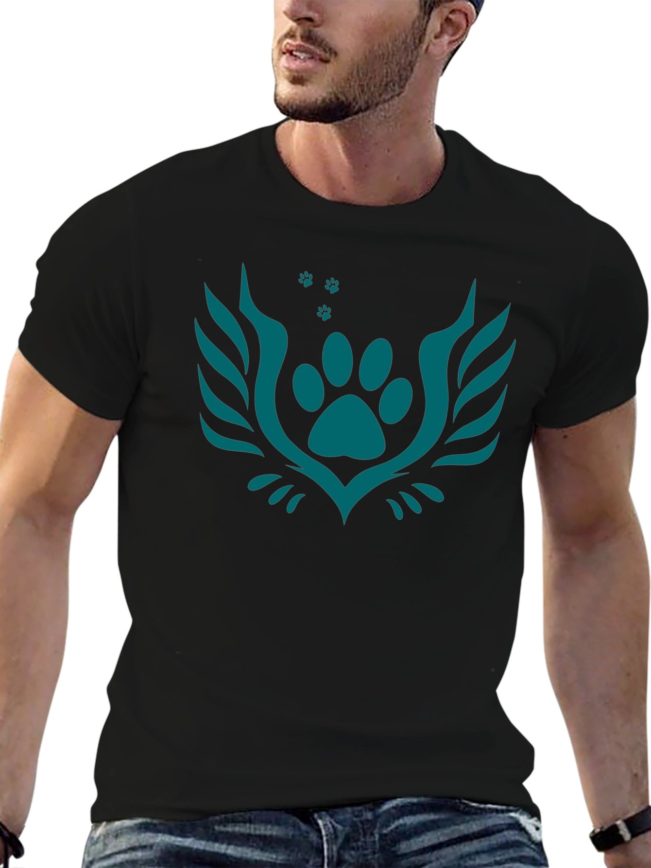 Black Tee with Teal Paw Print Crest Design