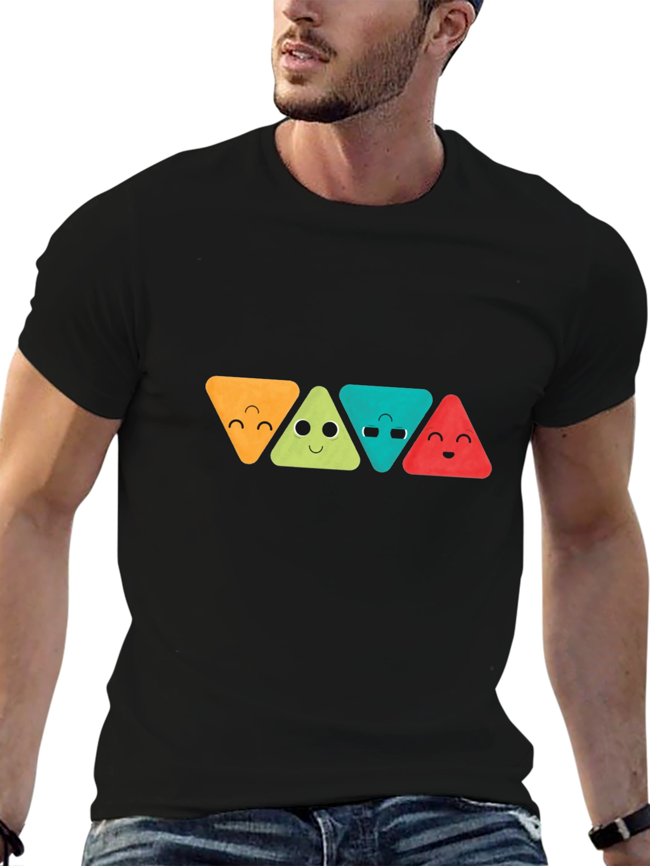 Funny Triangle Faces Graphic Black T-Shirt