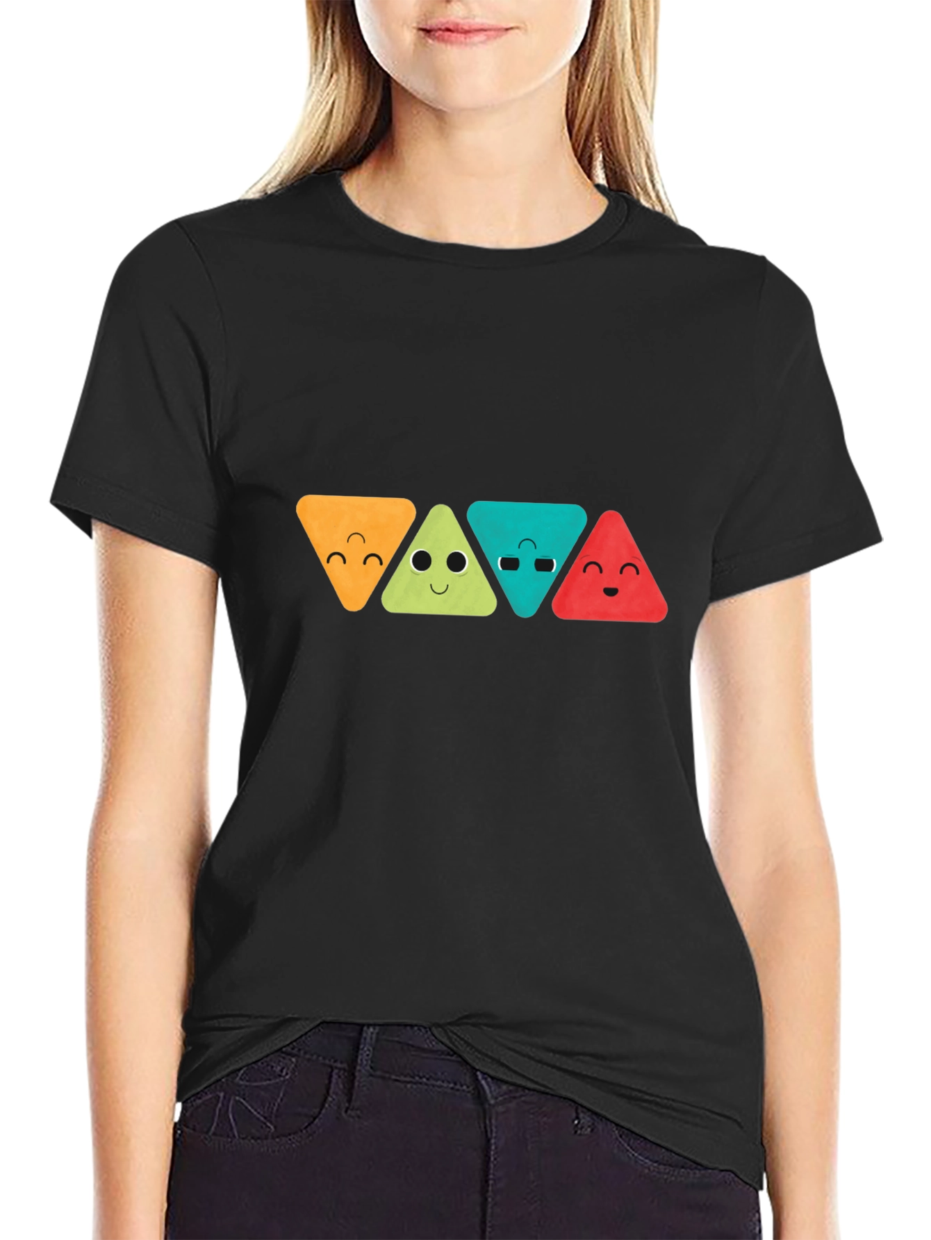 Funny Triangle Faces Graphic Black T-Shirt