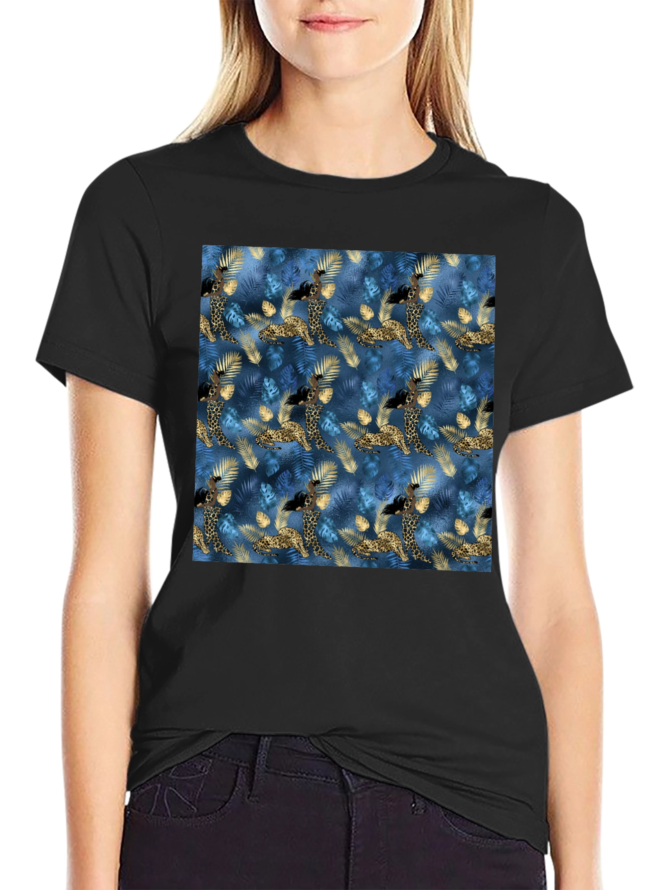 Exotic Giraffe Print Black T-Shirt