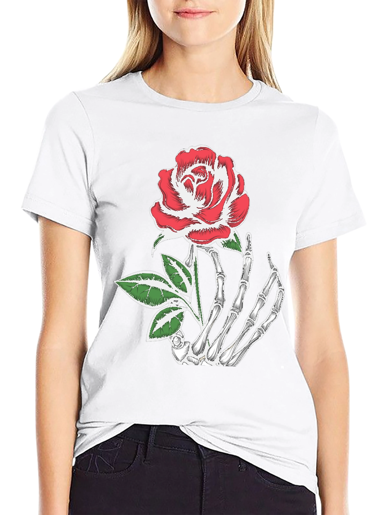 Skeleton Hand Holding Rose Graphic Tee