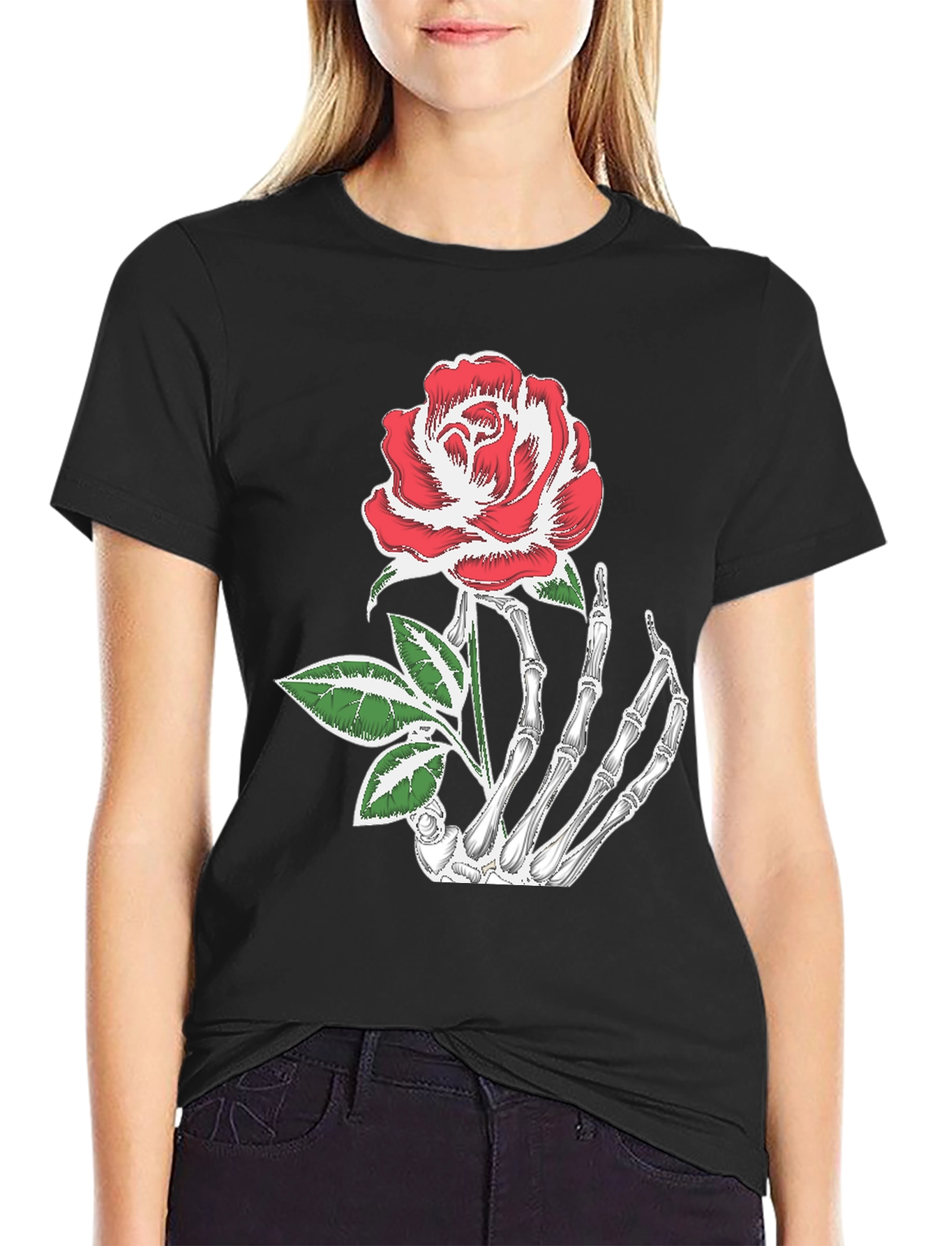 Skeleton Hand Holding Rose Graphic Tee