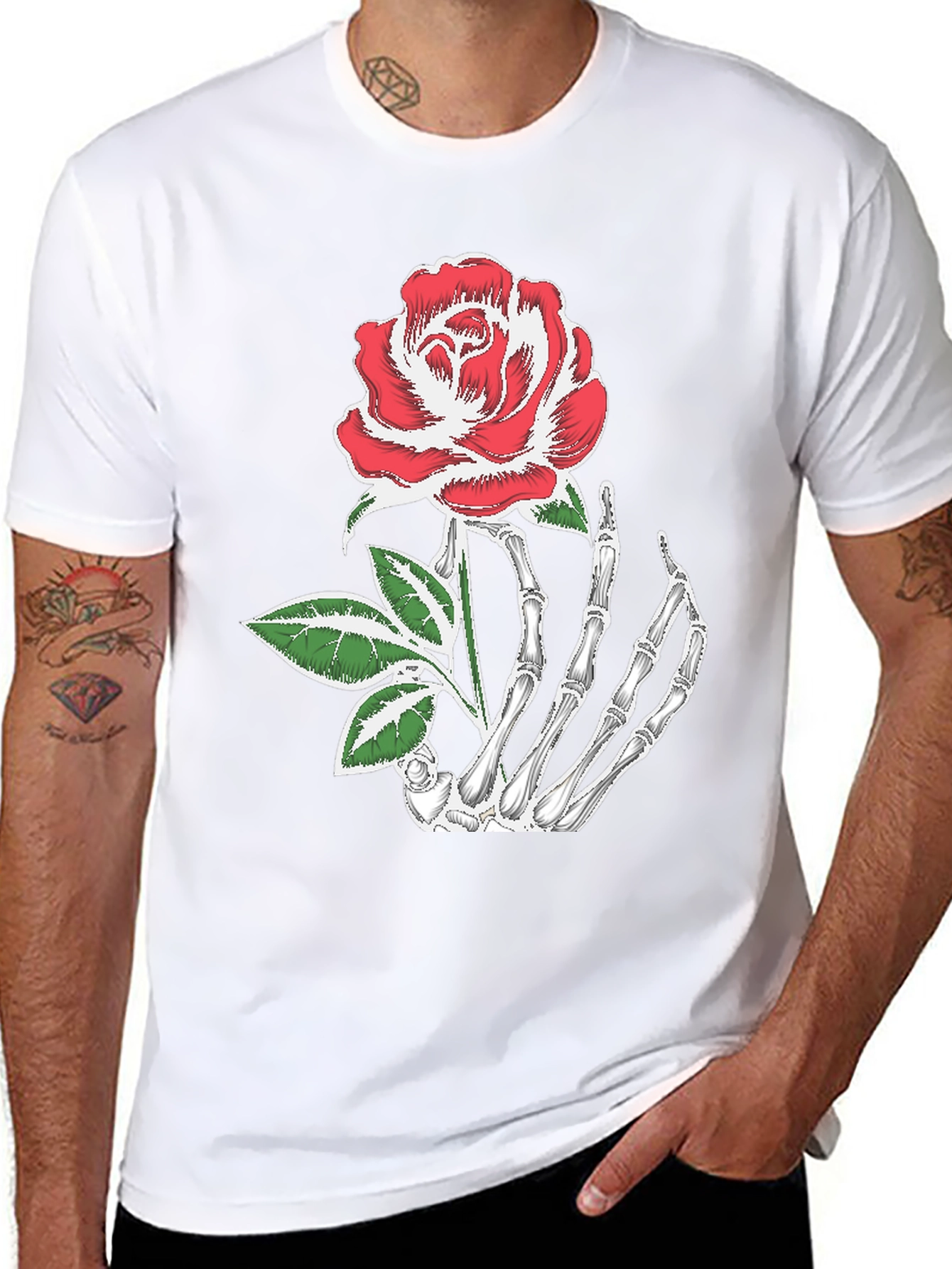 Skeleton Hand Holding Rose Graphic Tee