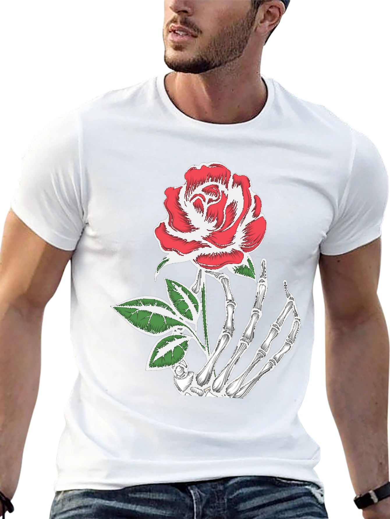 Skeleton Hand Holding Rose Graphic Tee