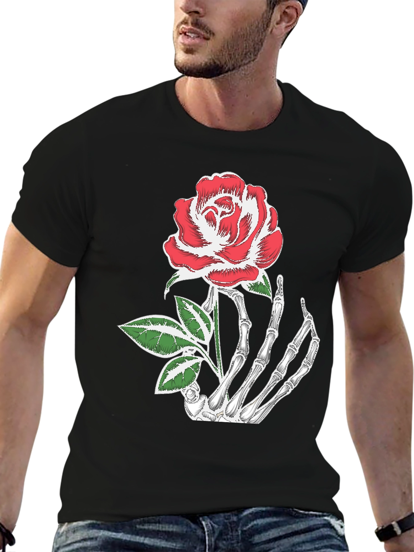 Skeleton Hand Holding Rose Graphic Tee